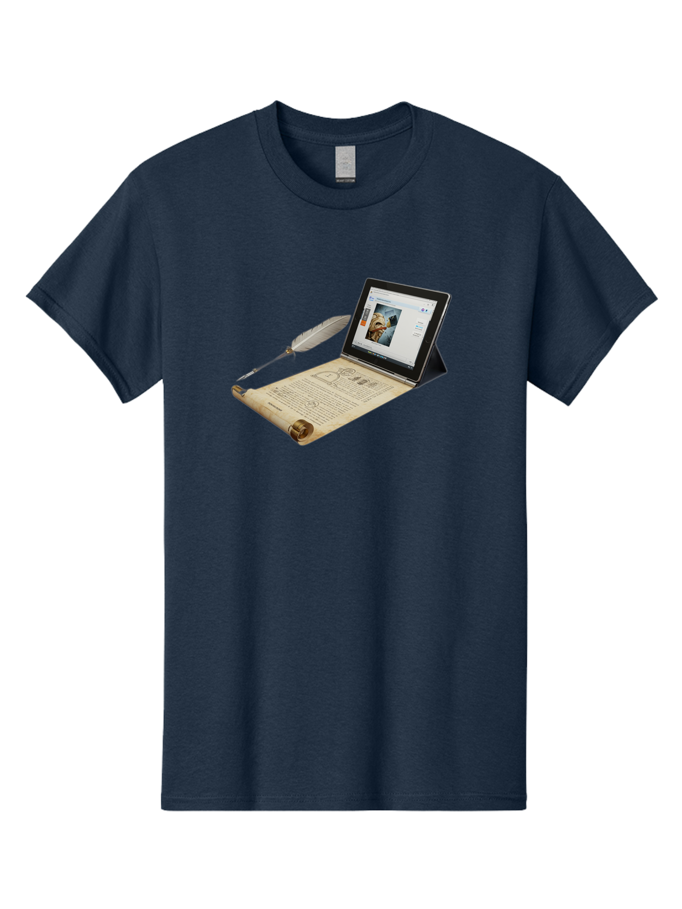 Laptop-Emerging-From-Scroll-With-Quill-Pen Men'S Graphic Tee, 100% Cotton, Comfortable Casual Summer Wear, Machine Washable, Vintage Camera, Old Camera, Antique Camera, Black Camera, Classic Photography, Photography Equipment, Bag679