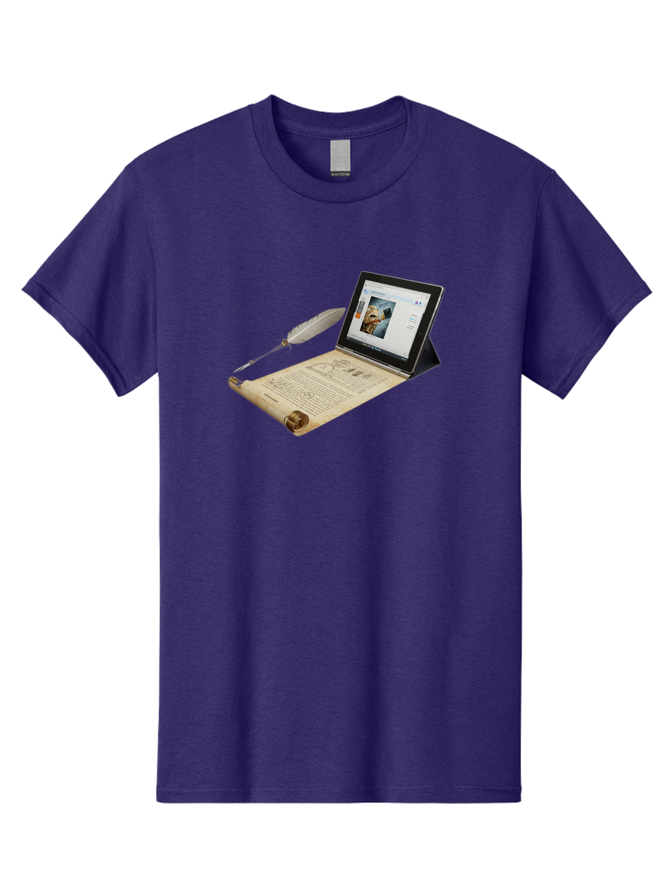 Laptop-Emerging-From-Scroll-With-Quill-Pen Men'S Graphic Tee, 100% Cotton, Comfortable Casual Summer Wear, Machine Washable, Vintage Camera, Old Camera, Antique Camera, Black Camera, Classic Photography, Photography Equipment, Bag679