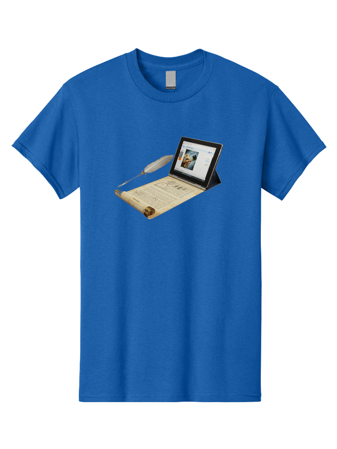 Laptop-Emerging-From-Scroll-With-Quill-Pen Men'S Graphic Tee, 100% Cotton, Comfortable Casual Summer Wear, Machine Washable, Vintage Camera, Old Camera, Antique Camera, Black Camera, Classic Photography, Photography Equipment, Bag679