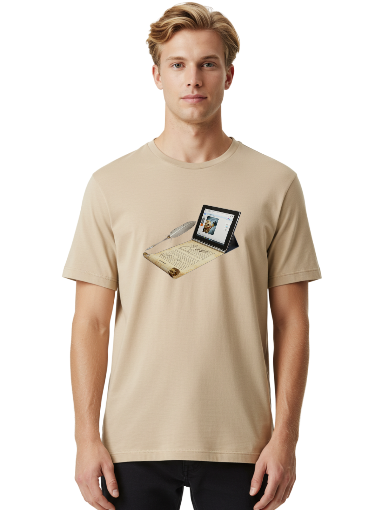 Laptop-Emerging-From-Scroll-With-Quill-Pen Men'S Graphic Tee, 100% Cotton, Comfortable Casual Summer Wear, Machine Washable, Vintage Camera, Old Camera, Antique Camera, Black Camera, Classic Photography, Photography Equipment, Bag679