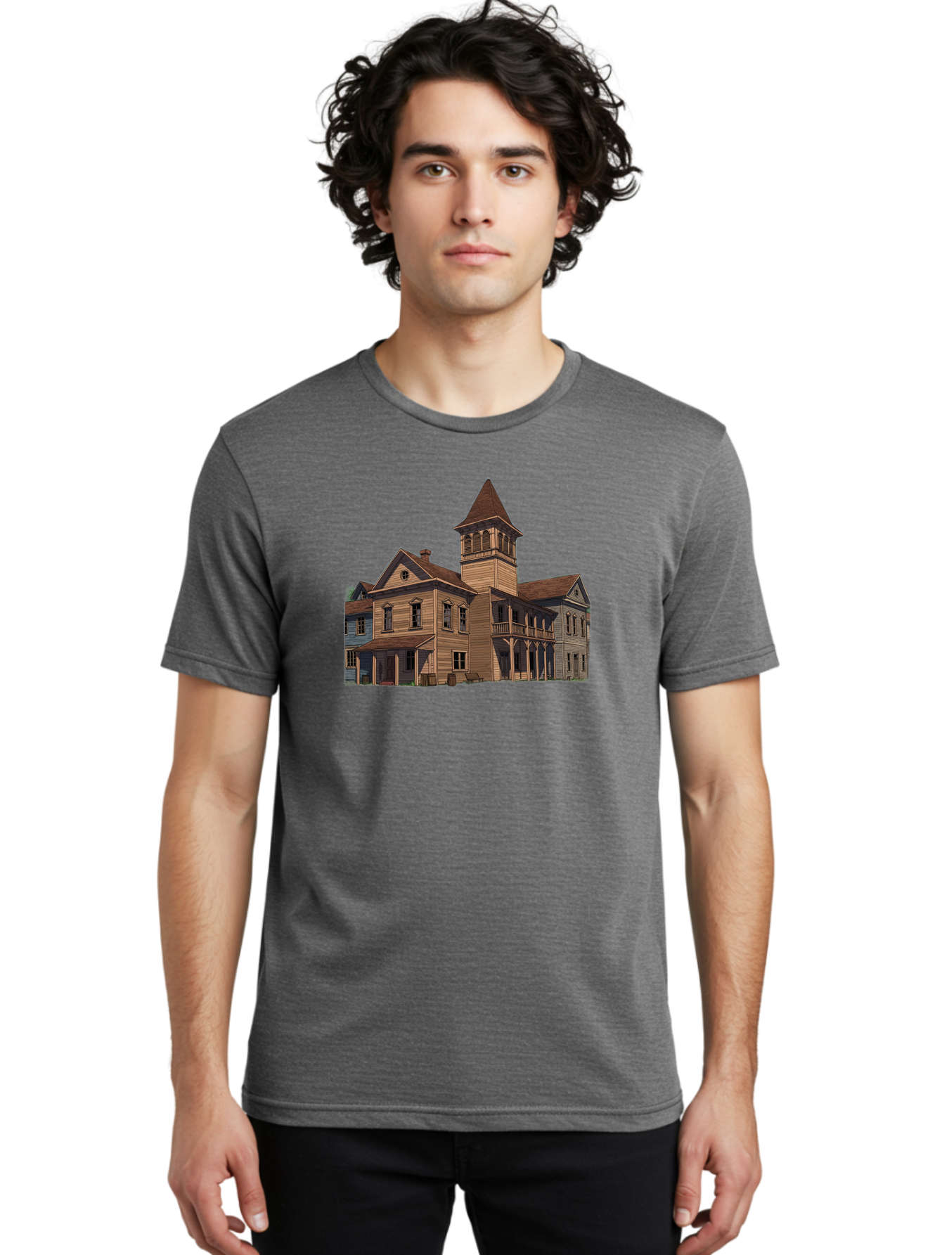 Large-Building-With-Tower Men'S Graphic Tee, 100% Cotton, Comfortable Casual Summer Wear, Machine Washable, Vintage Camera, Old Camera, Antique Camera, Black Camera, Classic Photography, Photography Equipment, Nostalgic Device, Film Camera, Bag680