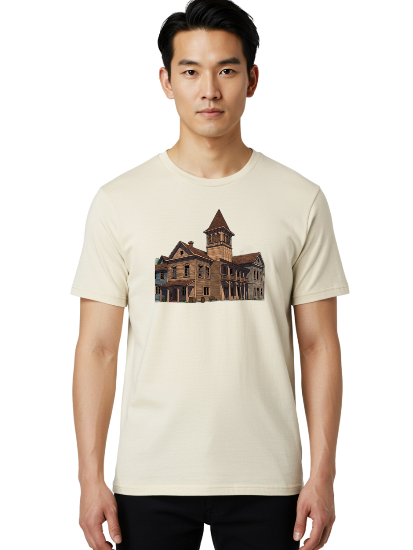 Large-Building-With-Tower Men'S Graphic Tee, 100% Cotton, Comfortable Casual Summer Wear, Machine Washable, Vintage Camera, Old Camera, Antique Camera, Black Camera, Classic Photography, Photography Equipment, Nostalgic Device, Film Camera, Bag680