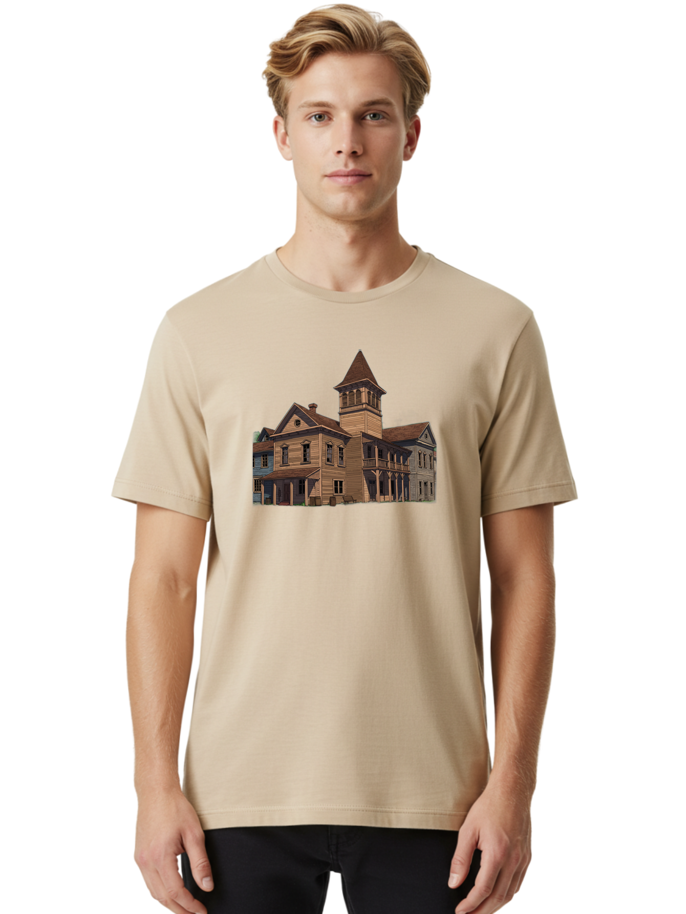 Large-Building-With-Tower Men'S Graphic Tee, 100% Cotton, Comfortable Casual Summer Wear, Machine Washable, Vintage Camera, Old Camera, Antique Camera, Black Camera, Classic Photography, Photography Equipment, Nostalgic Device, Film Camera, Bag680
