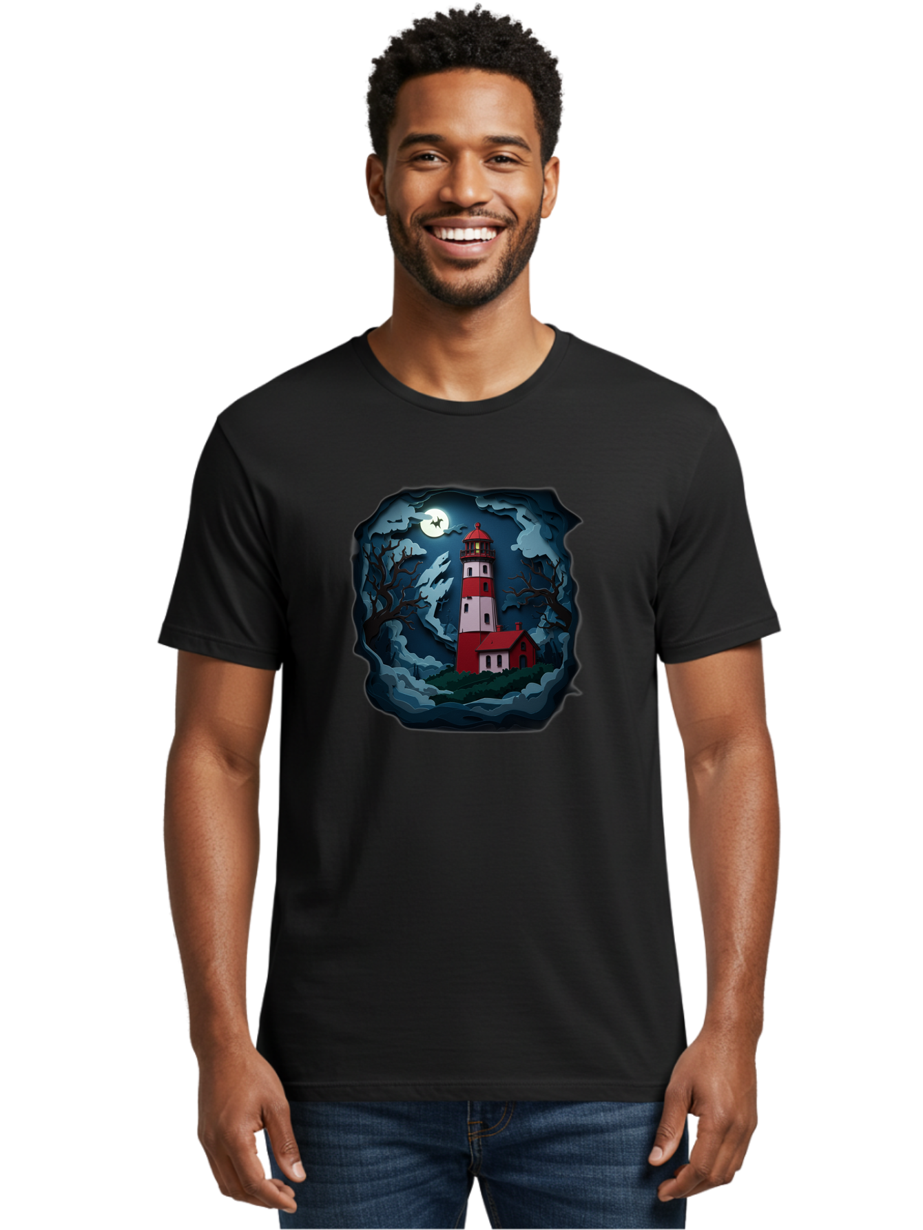 Lighthouse-At-Night Men'S Graphic Tee, 100% Cotton, Comfortable Casual Summer Wear, Machine Washable, Vintage Camera, Old Camera, Antique Camera, Black Camera, Classic Photography, Photography Equipment, Nostalgic Device, Film Camera, Bag715