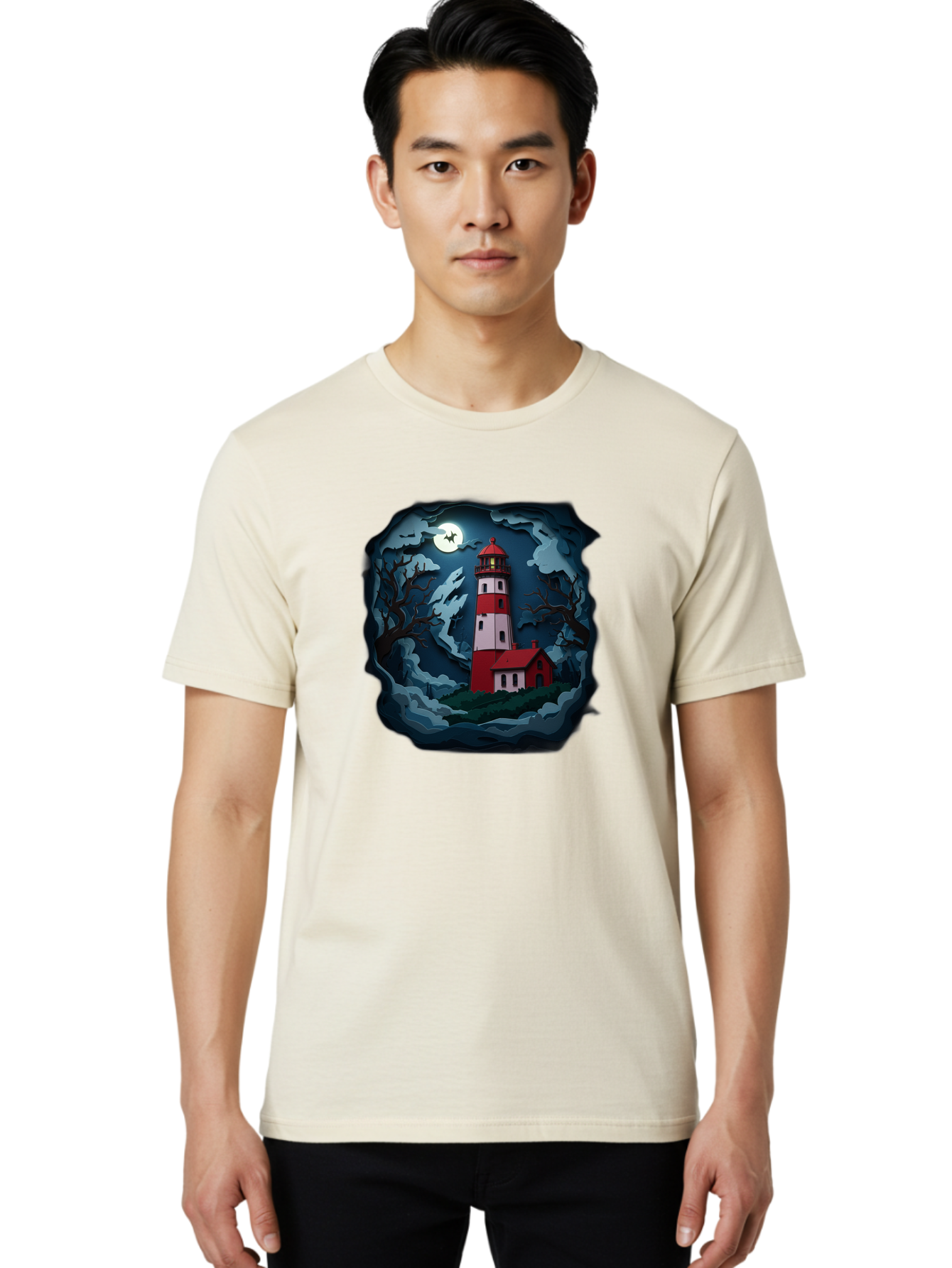 Lighthouse-At-Night Men'S Graphic Tee, 100% Cotton, Comfortable Casual Summer Wear, Machine Washable, Vintage Camera, Old Camera, Antique Camera, Black Camera, Classic Photography, Photography Equipment, Nostalgic Device, Film Camera, Bag715