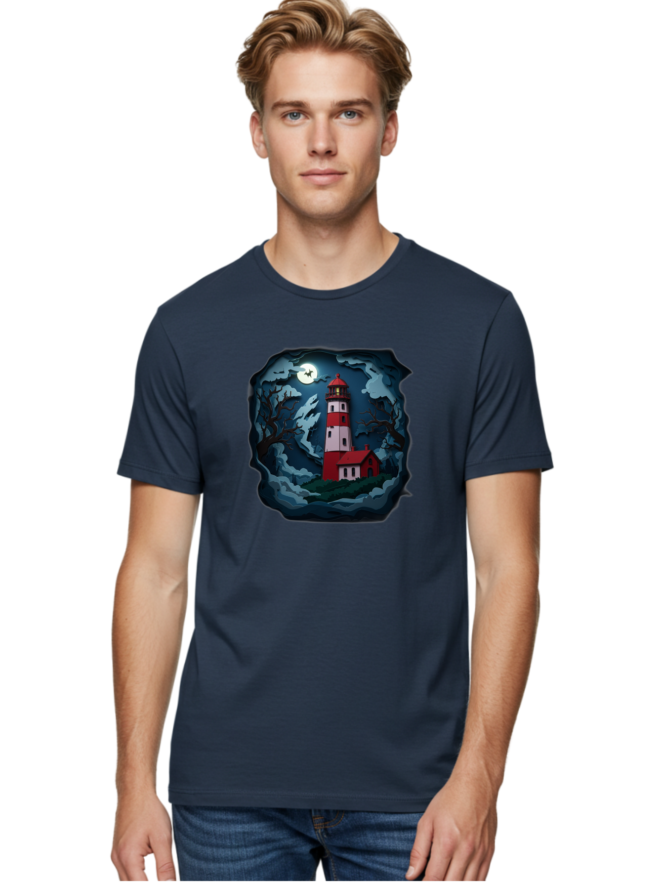 Lighthouse-At-Night Men'S Graphic Tee, 100% Cotton, Comfortable Casual Summer Wear, Machine Washable, Vintage Camera, Old Camera, Antique Camera, Black Camera, Classic Photography, Photography Equipment, Nostalgic Device, Film Camera, Bag715