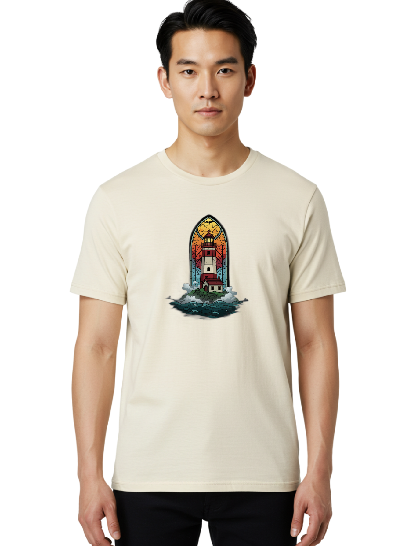 Lighthouse-Stained-Glass Men'S Graphic Tee, 100% Cotton, Comfortable Casual Summer Wear, Machine Washable, Vintage Camera, Old Camera, Antique Camera, Black Camera, Classic Photography, Photography Equipment, Nostalgic Device, Film Camera, Bag724