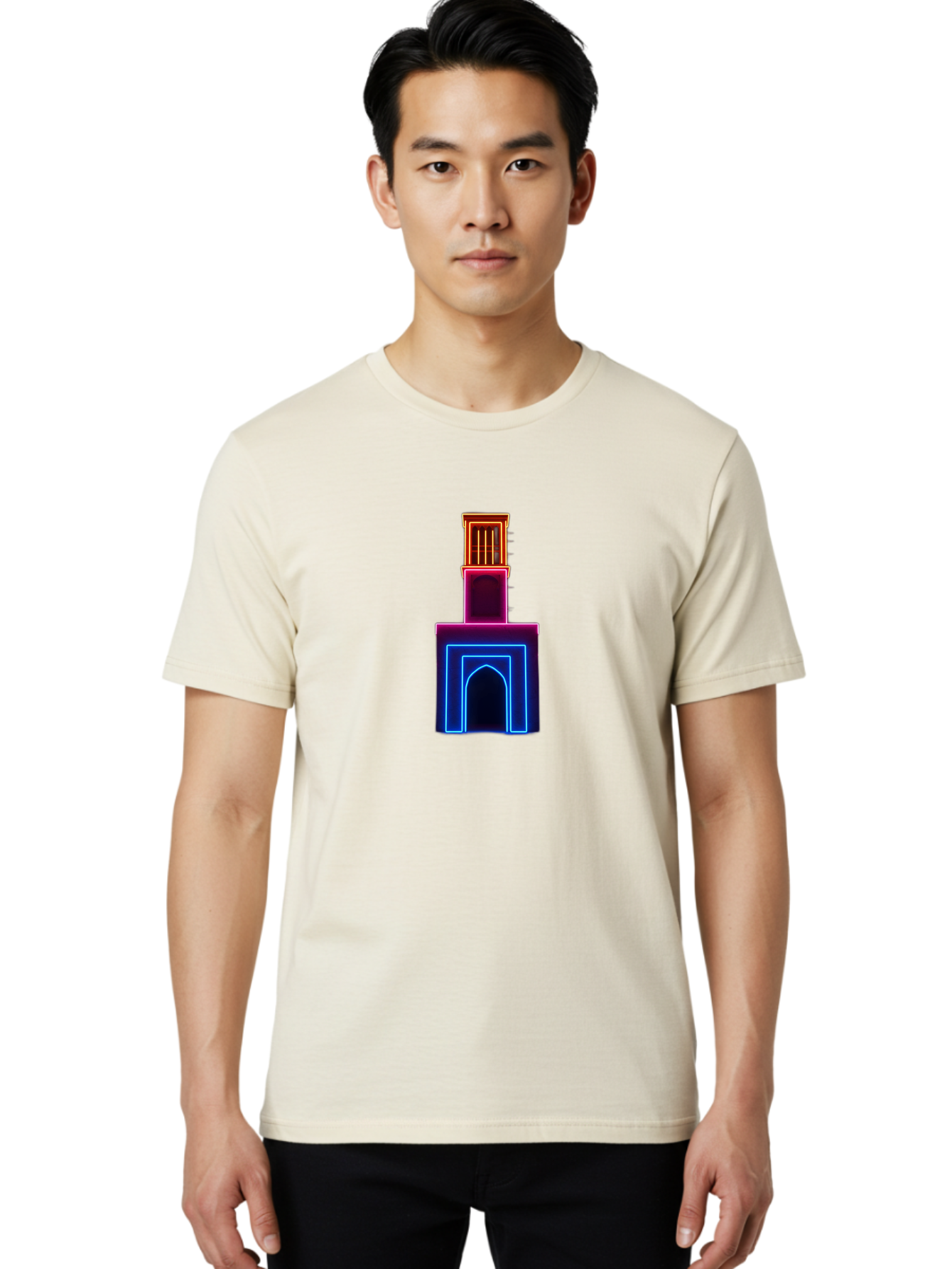 Neon-Tower-With-Archway Men'S Graphic Tee, 100% Cotton, Comfortable Casual Summer Wear, Machine Washable, Vintage Camera, Old Camera, Antique Camera, Black Camera, Classic Photography, Photography Equipment, Nostalgic Device, Film Camera, Bag856