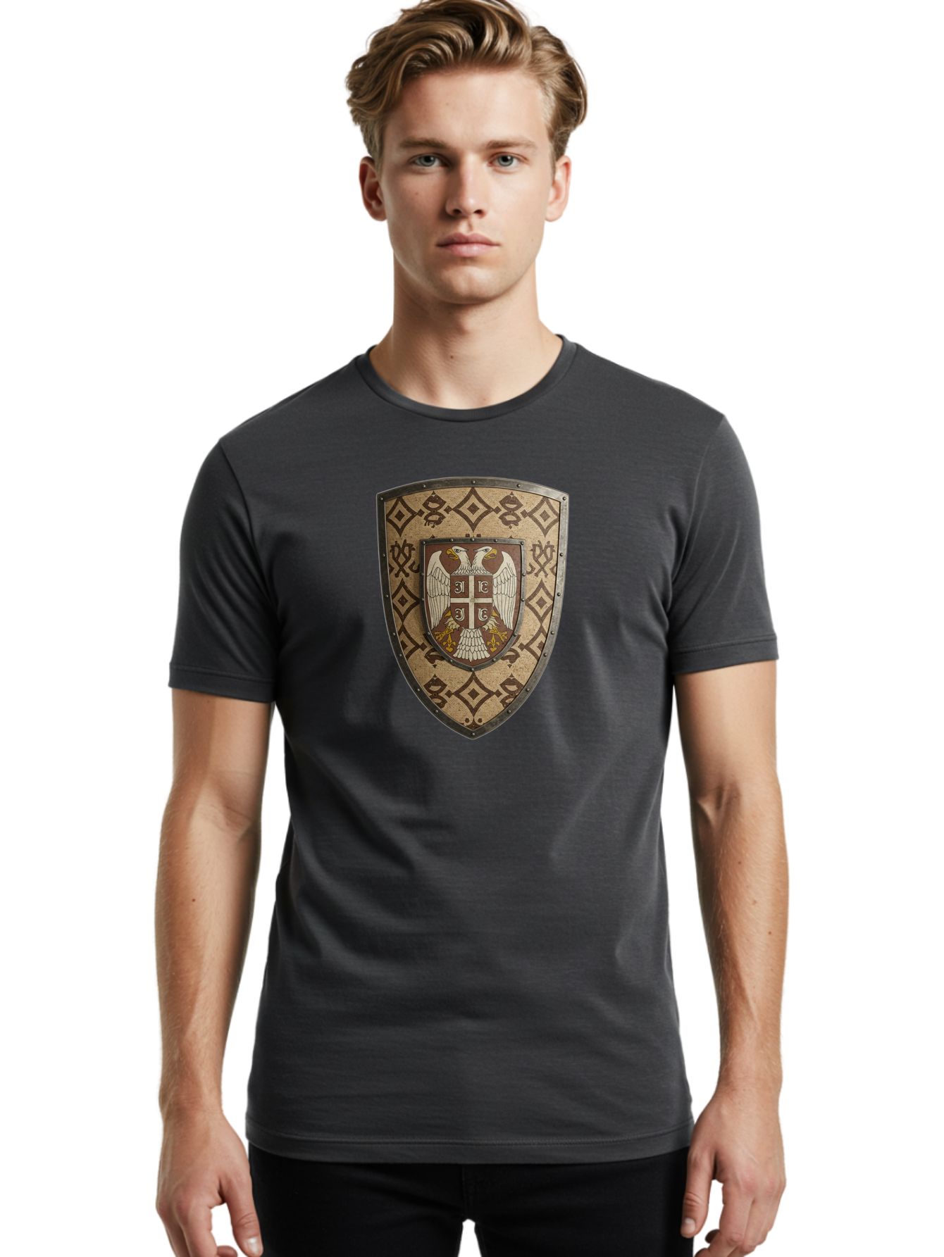 Shield-With-Double-Headed-Eagle Men'S Graphic Tee, 100% Cotton, Comfortable Casual Summer Wear, Machine Washable, Vintage Camera, Old Camera, Antique Camera, Black Camera, Classic Photography, Photography Equipment, Nostalgic Device, Bah099