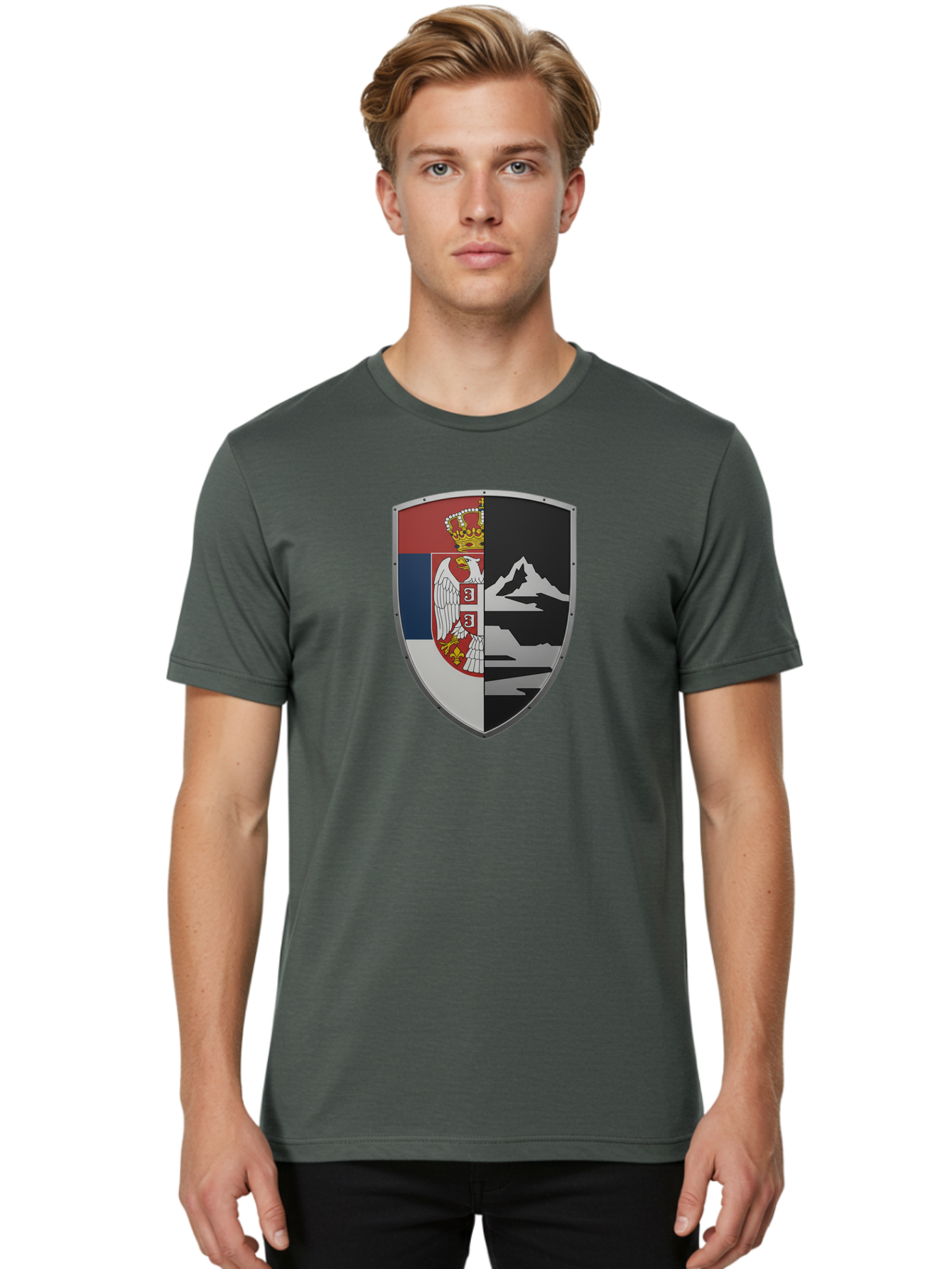 Shield-With-Eagle-And-Mountain Men'S Graphic Tee, 100% Cotton, Comfortable Casual Summer Wear, Machine Washable, Vintage Camera, Old Camera, Antique Camera, Black Camera, Classic Photography, Photography Equipment, Nostalgic Device, Bah100