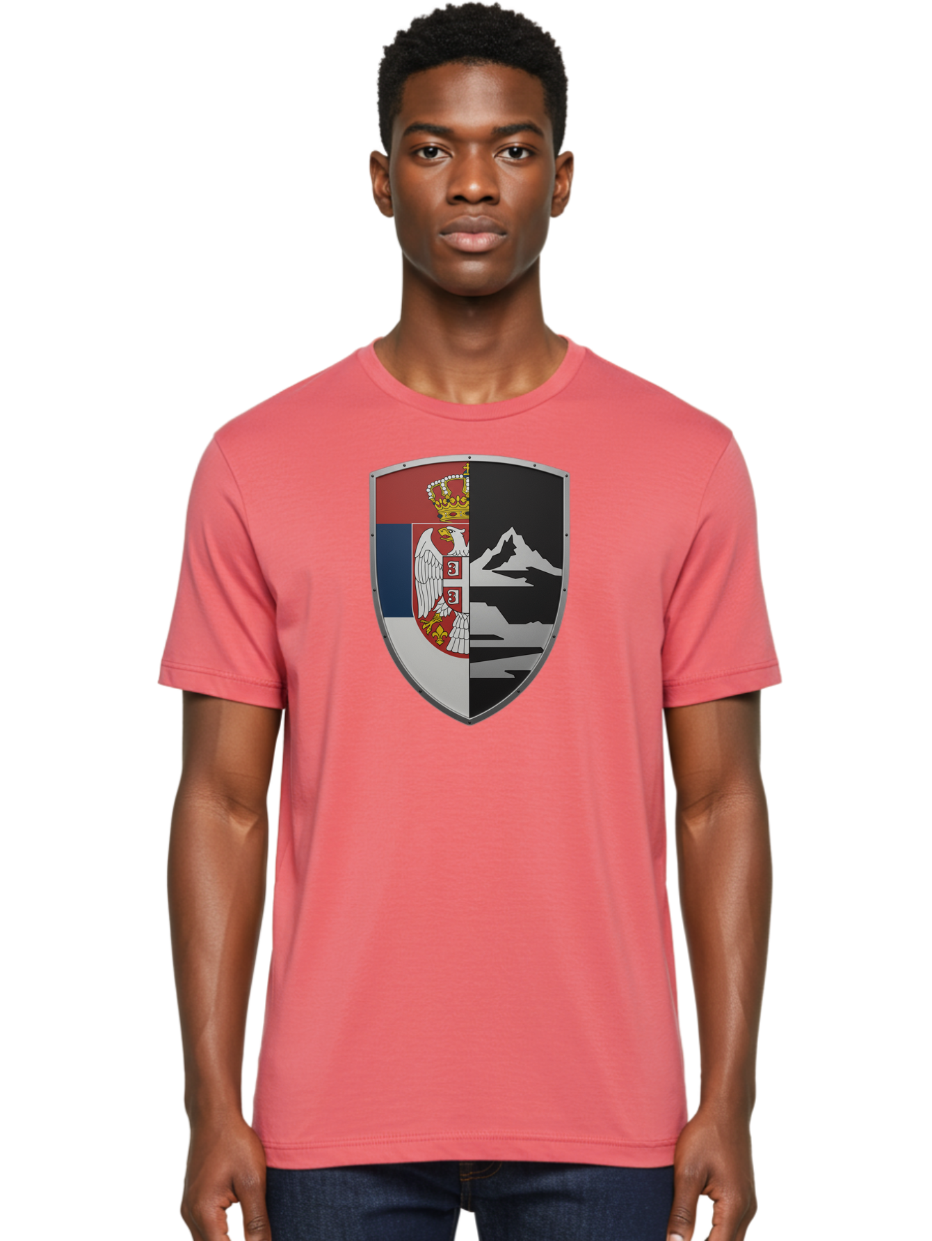 Shield-With-Eagle-And-Mountain Men'S Graphic Tee, 100% Cotton, Comfortable Casual Summer Wear, Machine Washable, Vintage Camera, Old Camera, Antique Camera, Black Camera, Classic Photography, Photography Equipment, Nostalgic Device, Bah100
