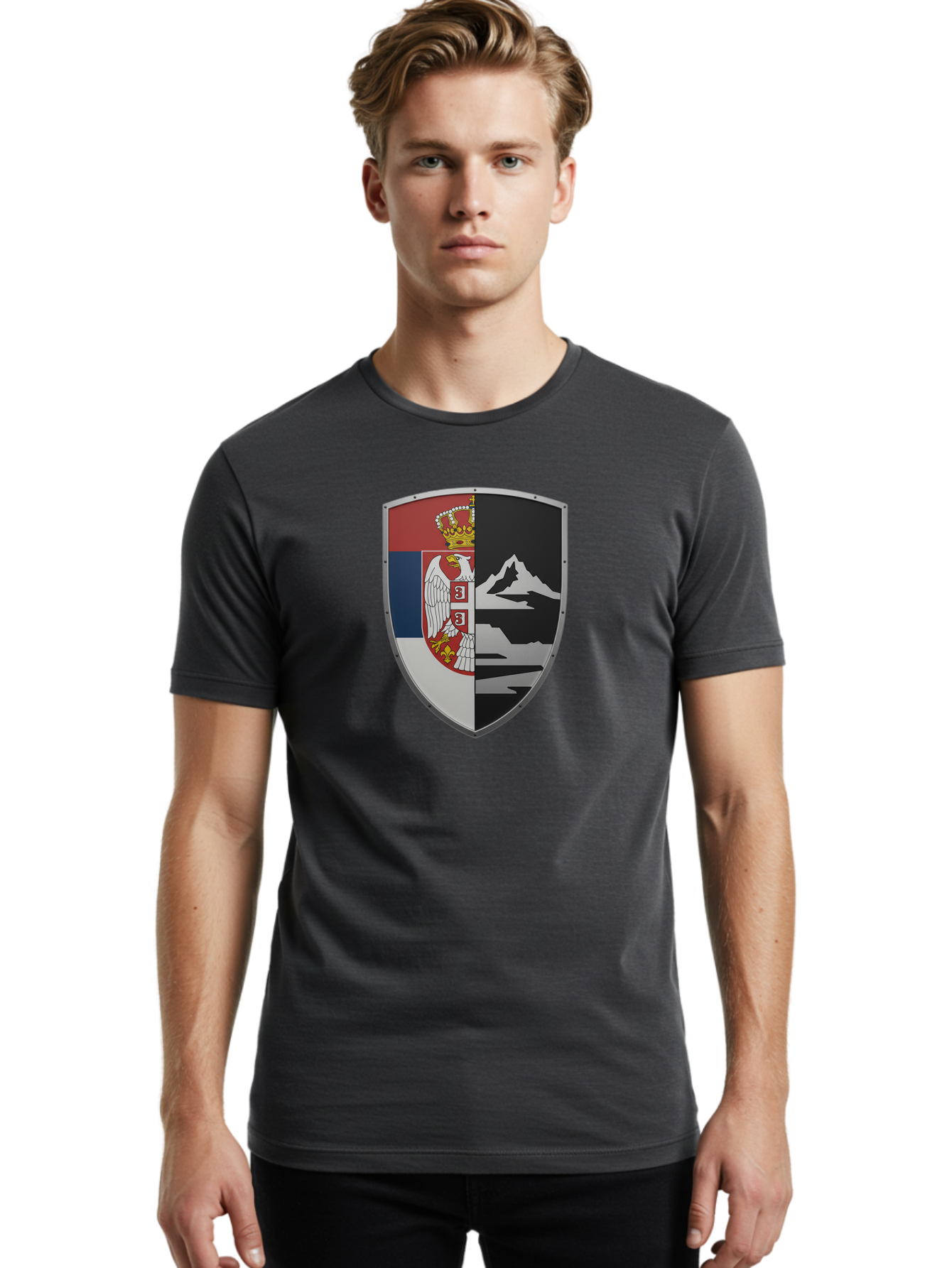 Shield-With-Eagle-And-Mountain Men'S Graphic Tee, 100% Cotton, Comfortable Casual Summer Wear, Machine Washable, Vintage Camera, Old Camera, Antique Camera, Black Camera, Classic Photography, Photography Equipment, Nostalgic Device, Bah100