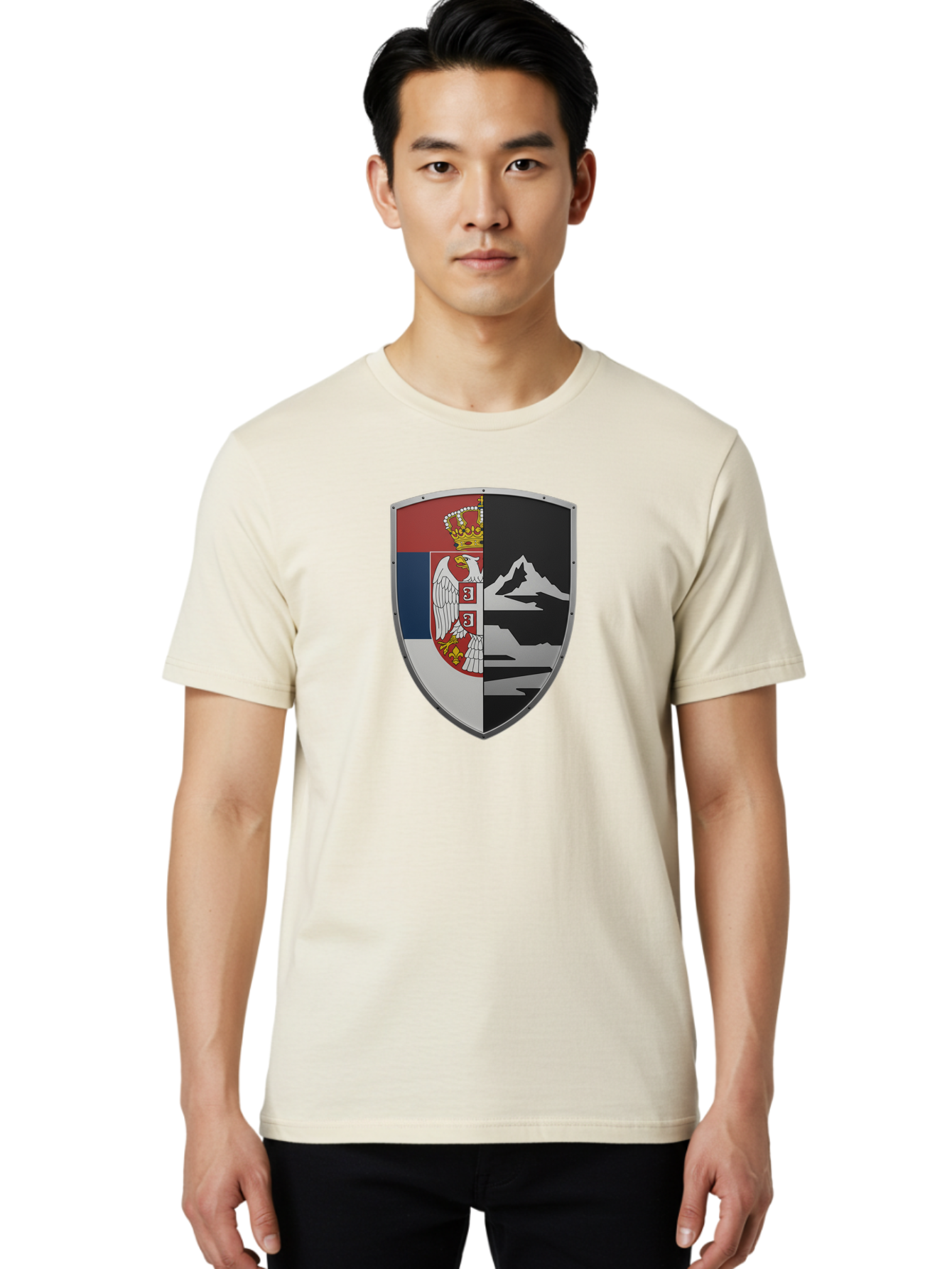 Shield-With-Eagle-And-Mountain Men'S Graphic Tee, 100% Cotton, Comfortable Casual Summer Wear, Machine Washable, Vintage Camera, Old Camera, Antique Camera, Black Camera, Classic Photography, Photography Equipment, Nostalgic Device, Bah100