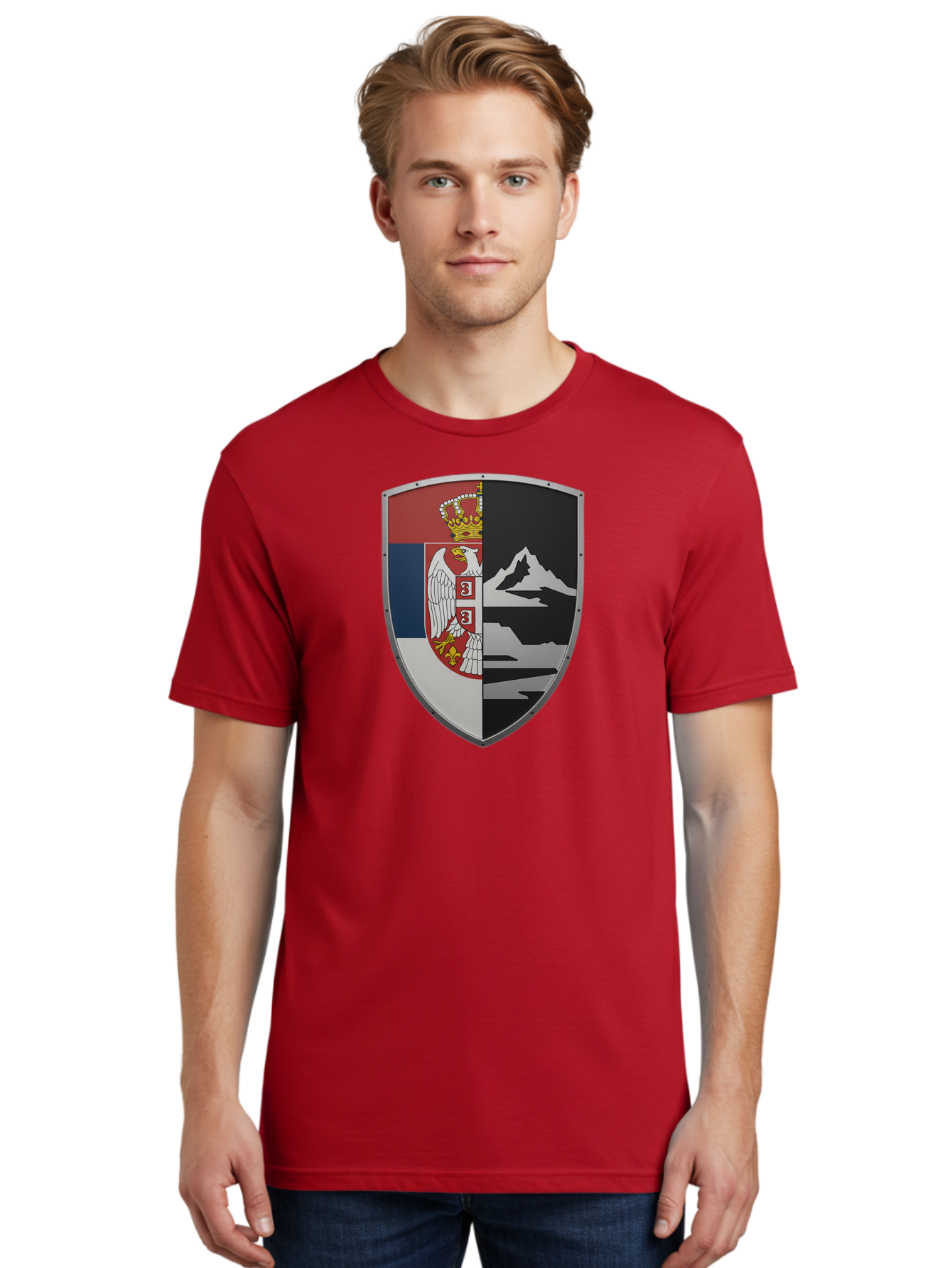 Shield-With-Eagle-And-Mountain Men'S Graphic Tee, 100% Cotton, Comfortable Casual Summer Wear, Machine Washable, Vintage Camera, Old Camera, Antique Camera, Black Camera, Classic Photography, Photography Equipment, Nostalgic Device, Bah100