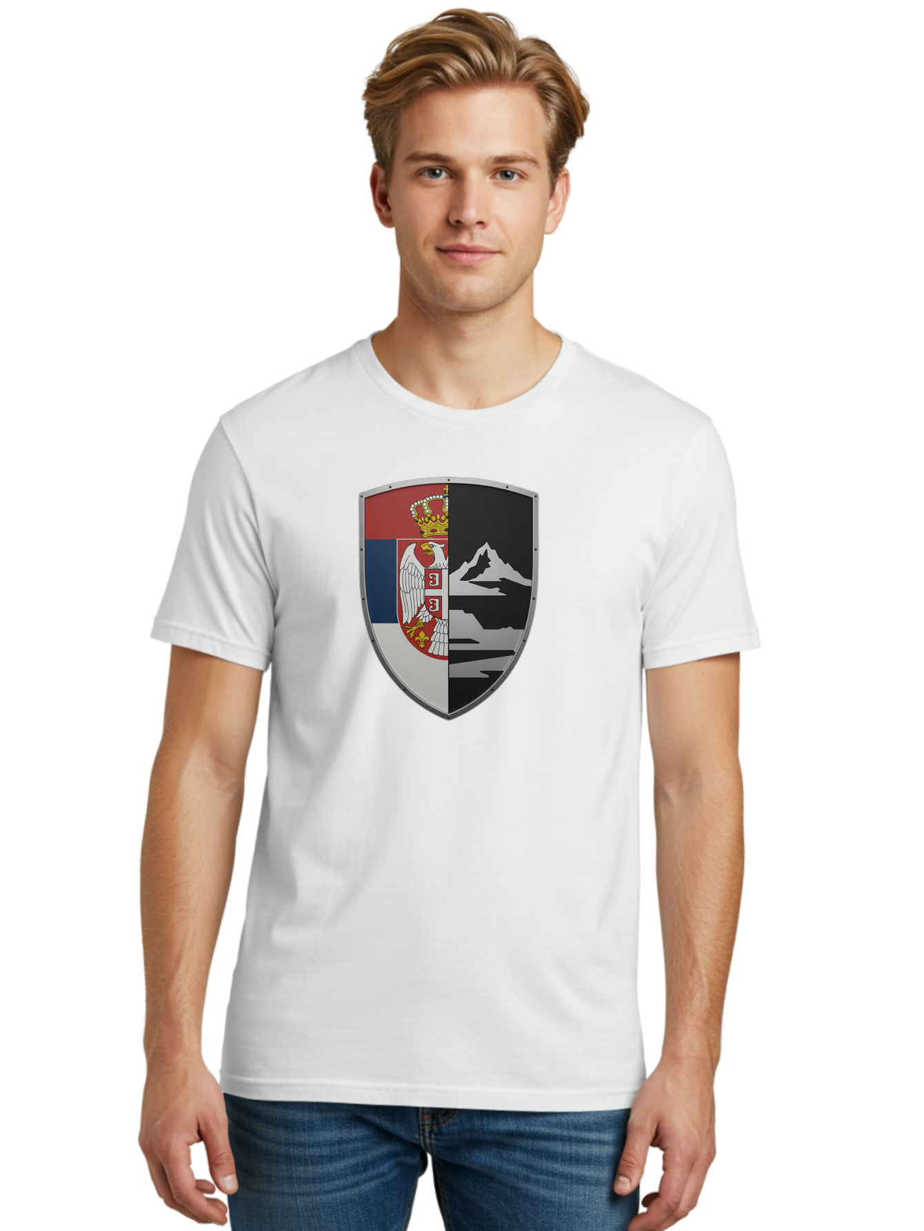 Shield-With-Eagle-And-Mountain Men'S Graphic Tee, 100% Cotton, Comfortable Casual Summer Wear, Machine Washable, Vintage Camera, Old Camera, Antique Camera, Black Camera, Classic Photography, Photography Equipment, Nostalgic Device, Bah100