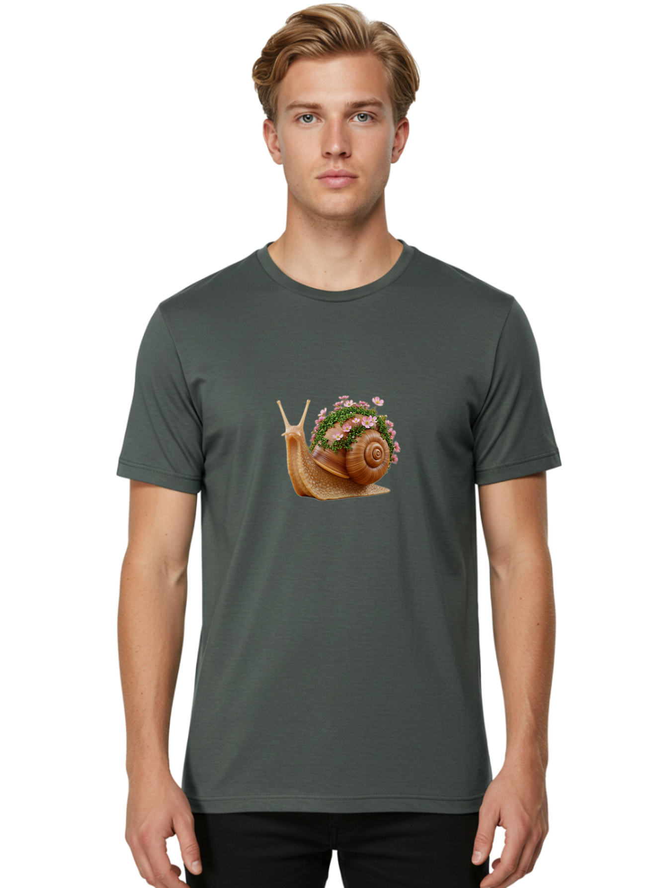 Snail-With-Flowers-2 Men'S Graphic Tee, 100% Cotton, Comfortable Casual Summer Wear, Machine Washable, Vintage Camera, Old Camera, Antique Camera, Black Camera, Classic Photography, Photography Equipment, Nostalgic Device, Film Camera, Bah140