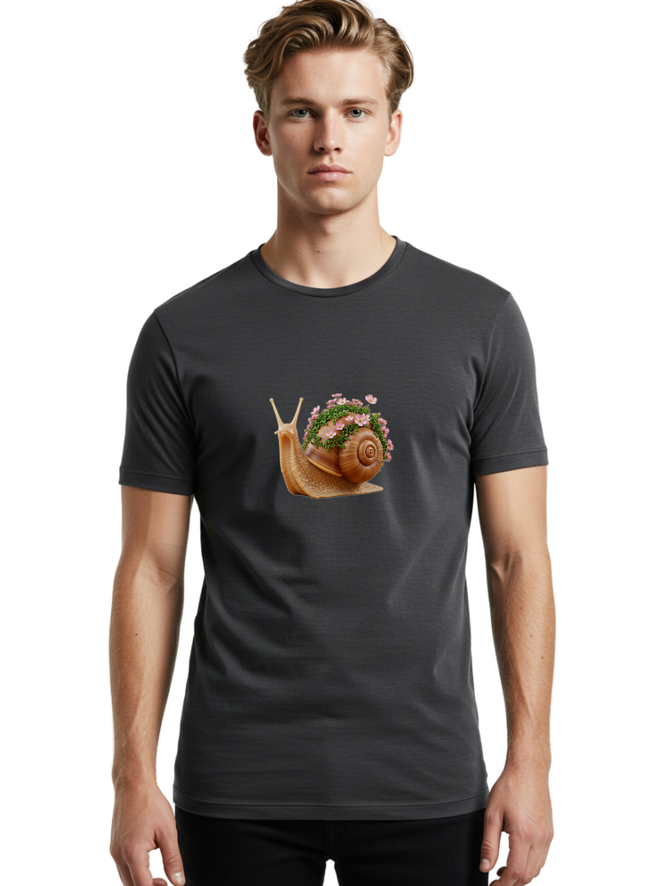 Snail-With-Flowers-2 Men'S Graphic Tee, 100% Cotton, Comfortable Casual Summer Wear, Machine Washable, Vintage Camera, Old Camera, Antique Camera, Black Camera, Classic Photography, Photography Equipment, Nostalgic Device, Film Camera, Bah140