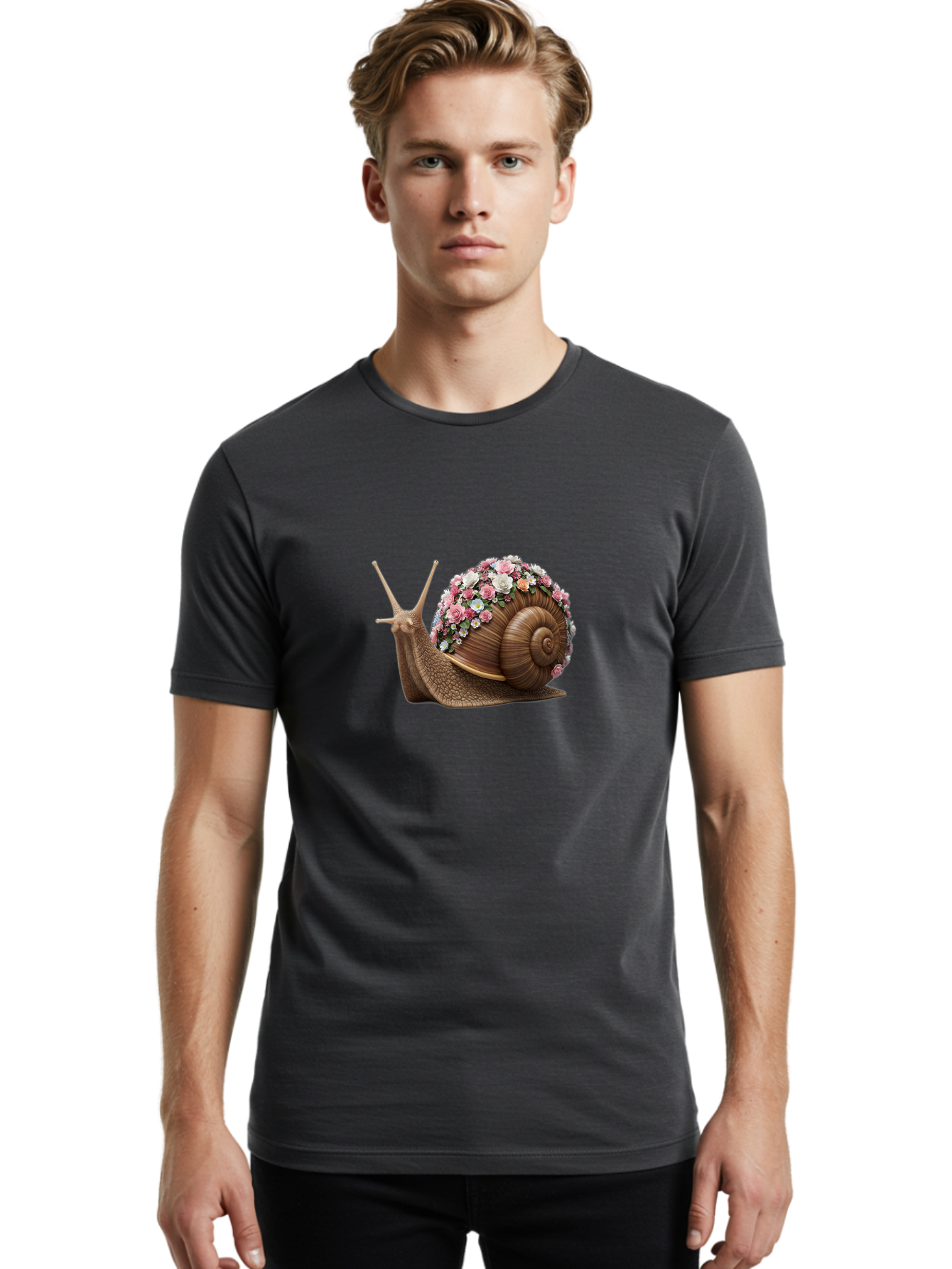 Snail-With-Flowers-4 Men'S Graphic Tee, 100% Cotton, Comfortable Casual Summer Wear, Machine Washable, Vintage Camera, Old Camera, Antique Camera, Black Camera, Classic Photography, Photography Equipment, Nostalgic Device, Film Camera, Bah142