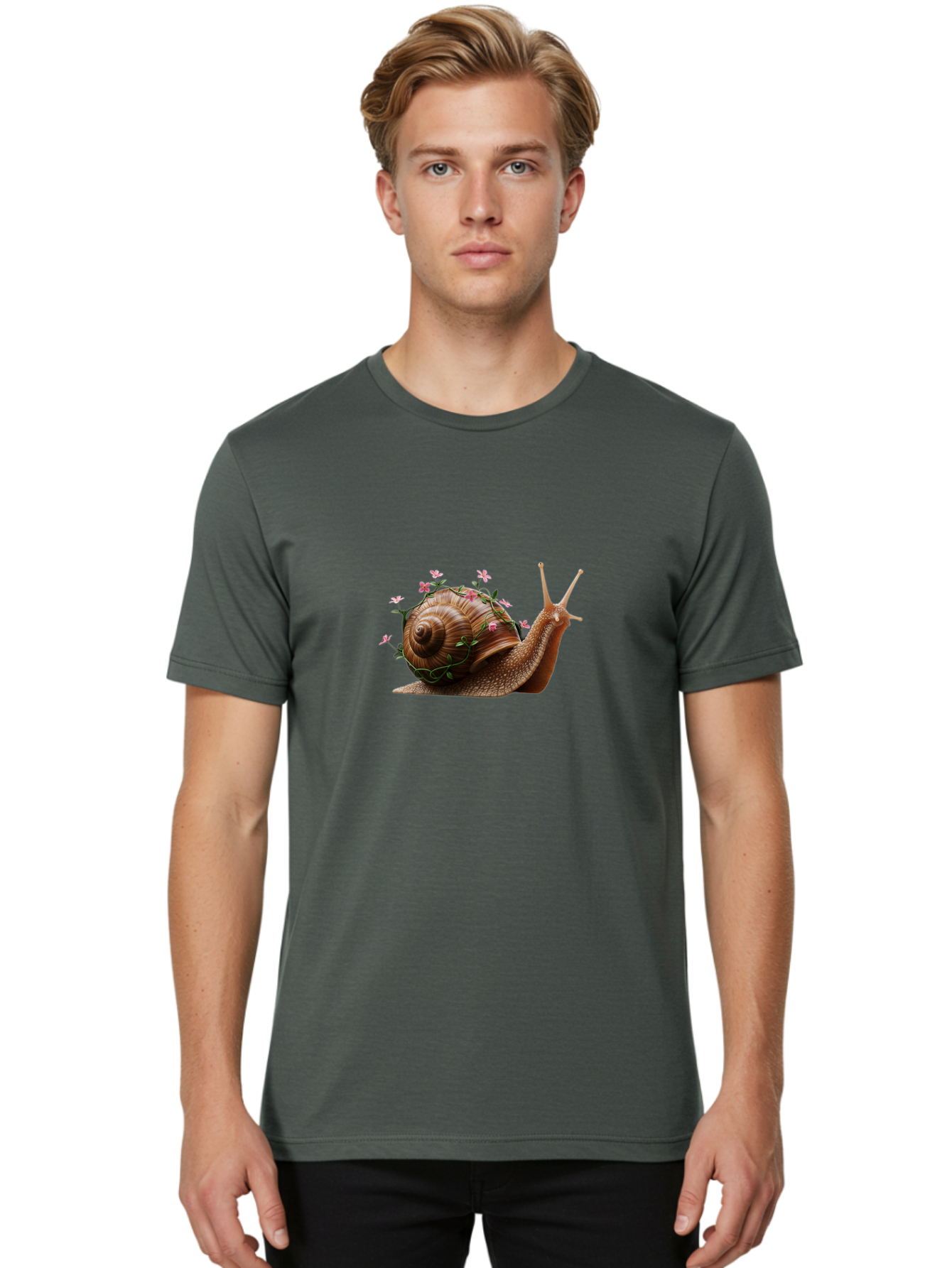 Snail-With-Flowers-5 Men'S Graphic Tee, 100% Cotton, Comfortable Casual Summer Wear, Machine Washable, Vintage Camera, Old Camera, Antique Camera, Black Camera, Classic Photography, Photography Equipment, Nostalgic Device, Film Camera, Bah143