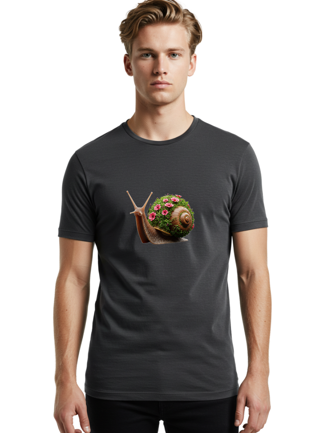 Snail-With-Flowers-6 Men'S Graphic Tee, 100% Cotton, Comfortable Casual Summer Wear, Machine Washable, Vintage Camera, Old Camera, Antique Camera, Black Camera, Classic Photography, Photography Equipment, Nostalgic Device, Film Camera, Bah144