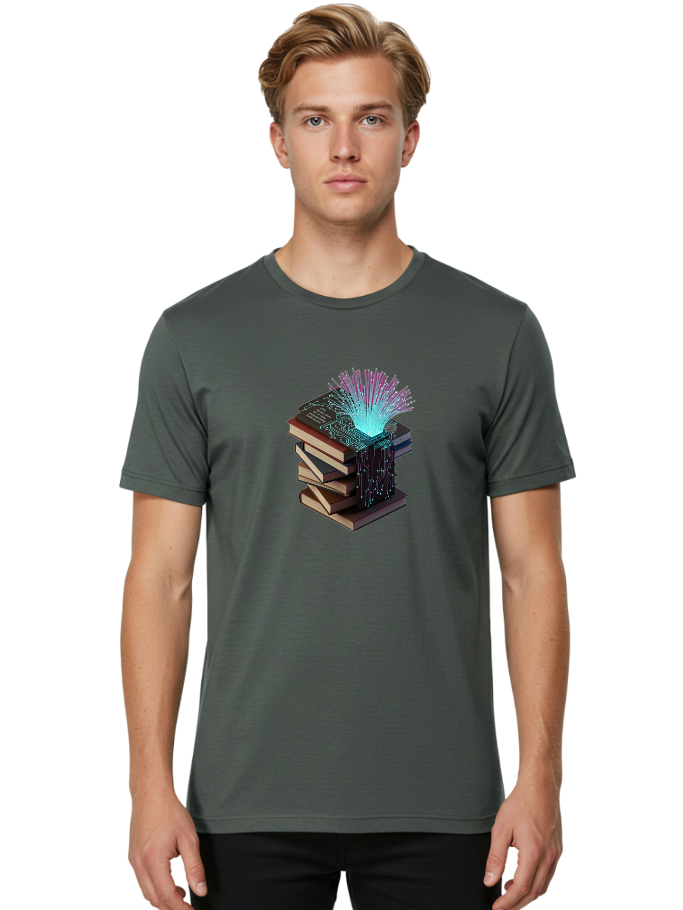 Stacked-Books-With-Circuit-Board-And-Data-Streams Men'S Graphic Tee, 100% Cotton, Comfortable Casual Summer Wear, Machine Washable, Vintage Camera, Old Camera, Antique Camera, Black Camera, Classic Photography, Photography Equipment, Bah172