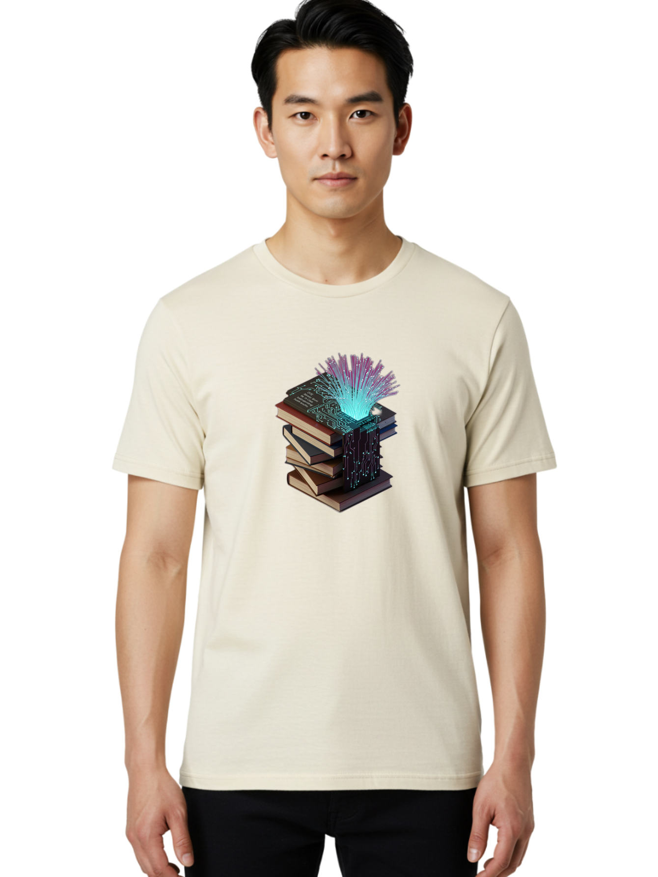 Stacked-Books-With-Circuit-Board-And-Data-Streams Men'S Graphic Tee, 100% Cotton, Comfortable Casual Summer Wear, Machine Washable, Vintage Camera, Old Camera, Antique Camera, Black Camera, Classic Photography, Photography Equipment, Bah172