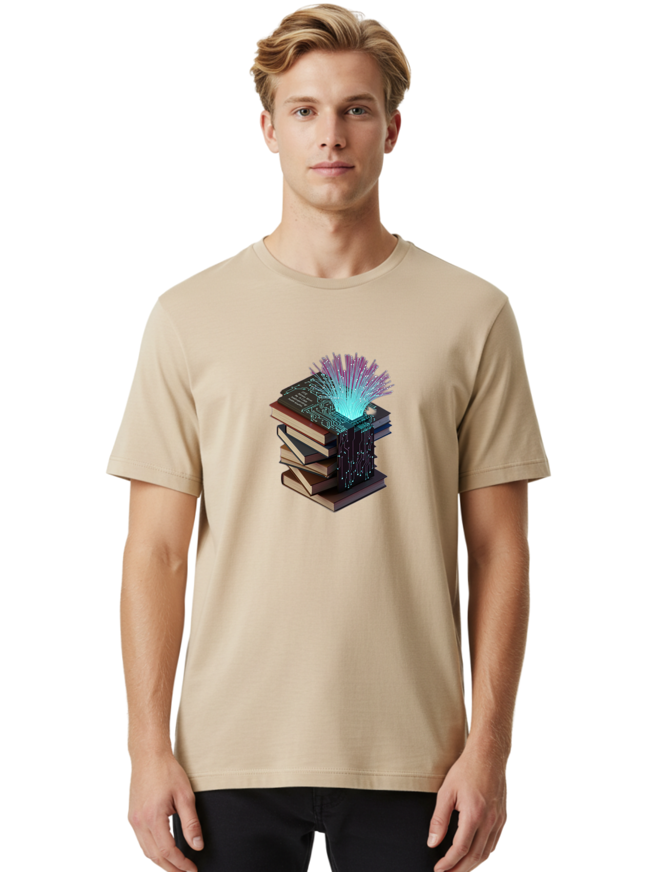 Stacked-Books-With-Circuit-Board-And-Data-Streams Men'S Graphic Tee, 100% Cotton, Comfortable Casual Summer Wear, Machine Washable, Vintage Camera, Old Camera, Antique Camera, Black Camera, Classic Photography, Photography Equipment, Bah172