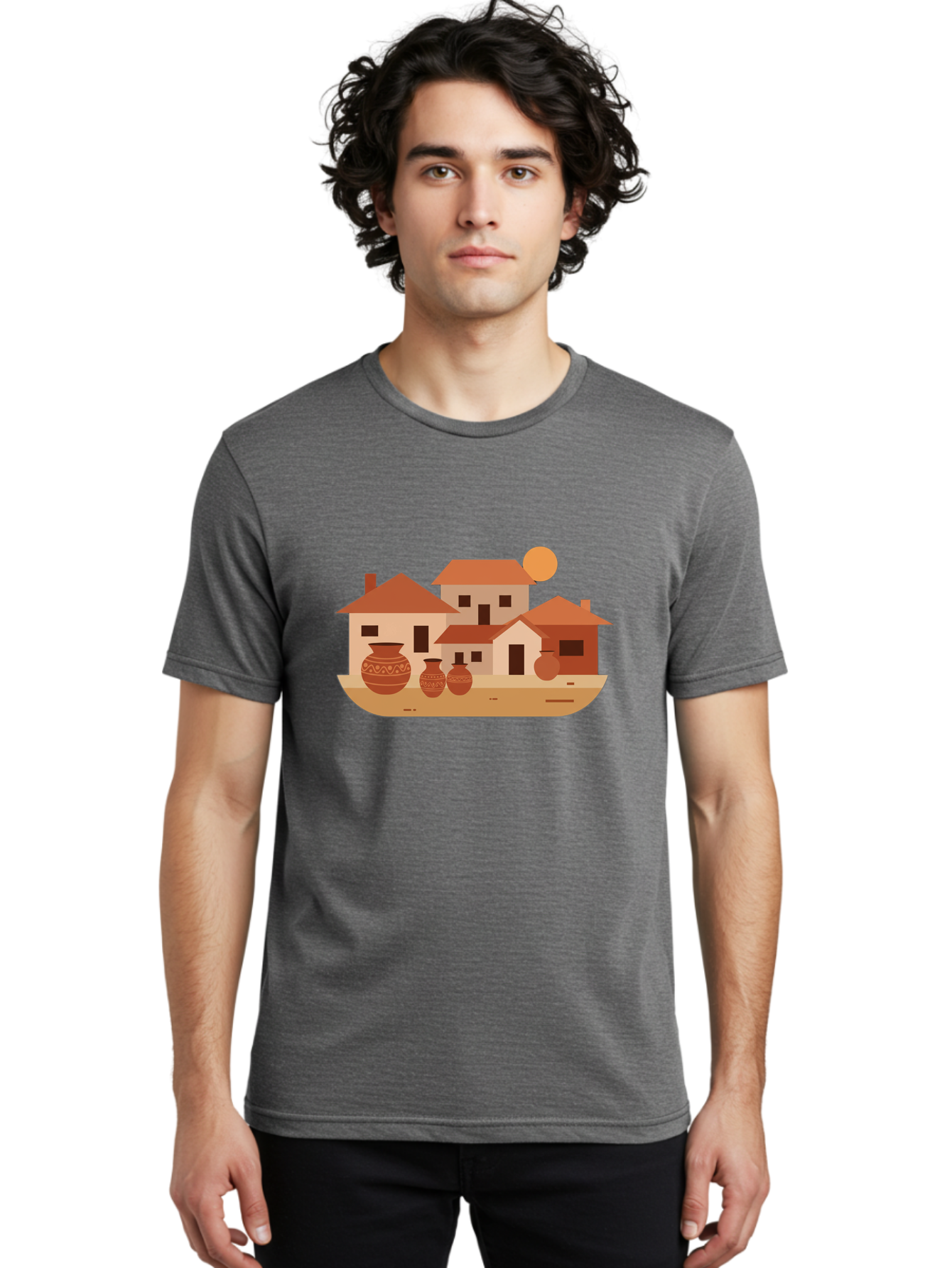 Village-Scene-1 Men'S Graphic Tee, 100% Cotton, Comfortable Casual Summer Wear, Machine Washable, Vintage Camera, Old Camera, Antique Camera, Black Camera, Classic Photography, Photography Equipment, Nostalgic Device, Film Camera, Camera Art Bah339