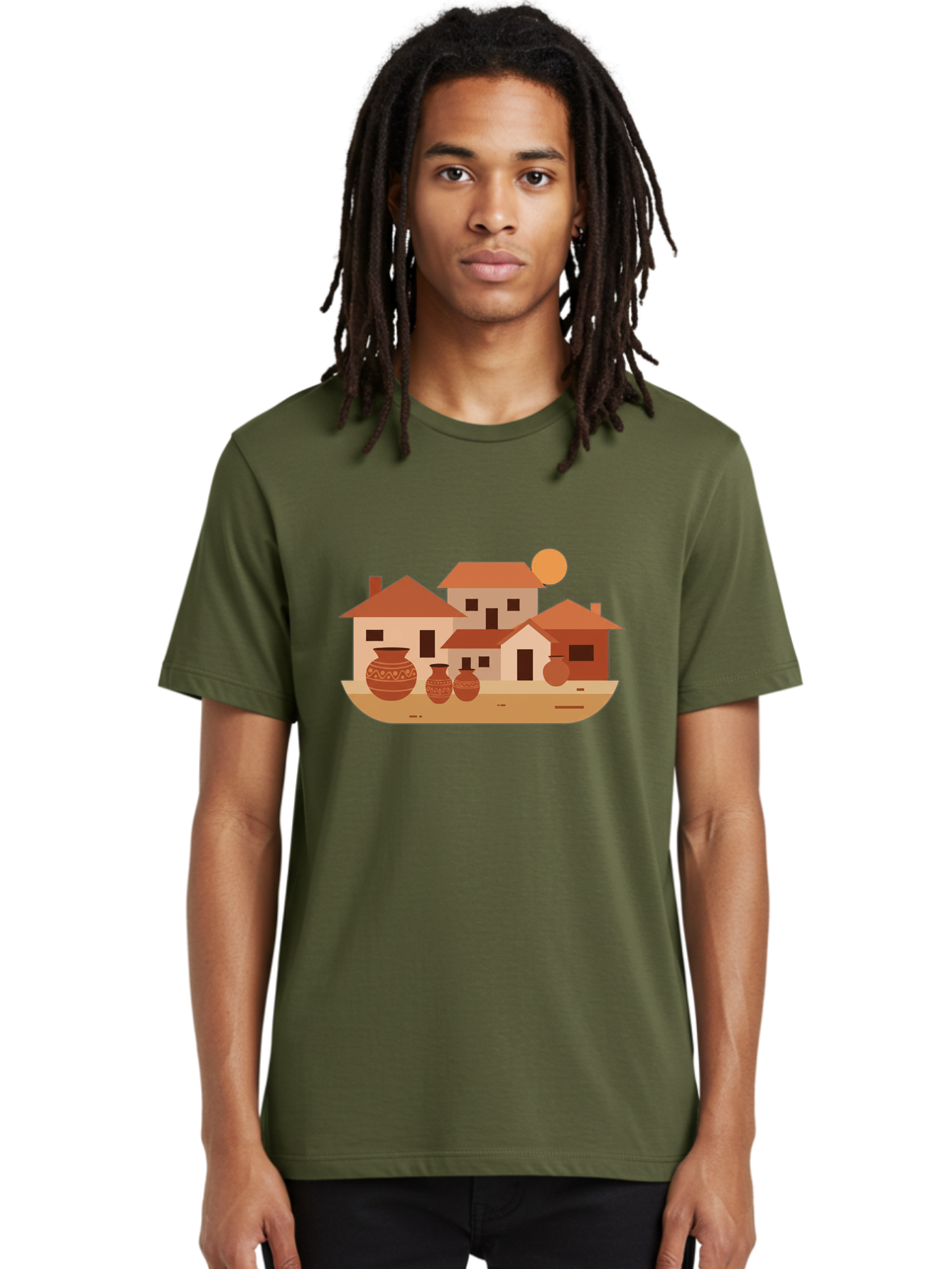 Village-Scene-1 Men'S Graphic Tee, 100% Cotton, Comfortable Casual Summer Wear, Machine Washable, Vintage Camera, Old Camera, Antique Camera, Black Camera, Classic Photography, Photography Equipment, Nostalgic Device, Film Camera, Camera Art Bah339
