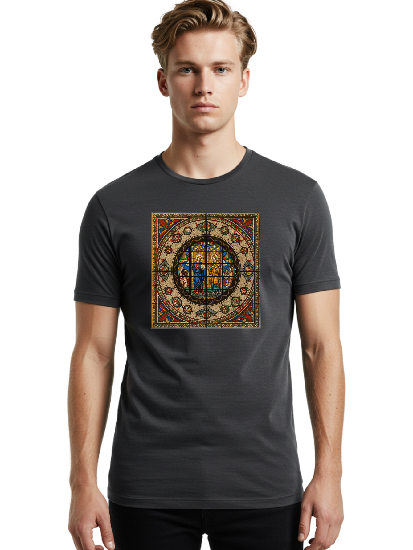 Visitation-Stained-Glass-Window Men'S Graphic Tee, 100% Cotton, Comfortable Casual Summer Wear, Machine Washable, Vintage Camera, Old Camera, Antique Camera, Black Camera, Classic Photography, Photography Equipment, Nostalgic Device, Bah349