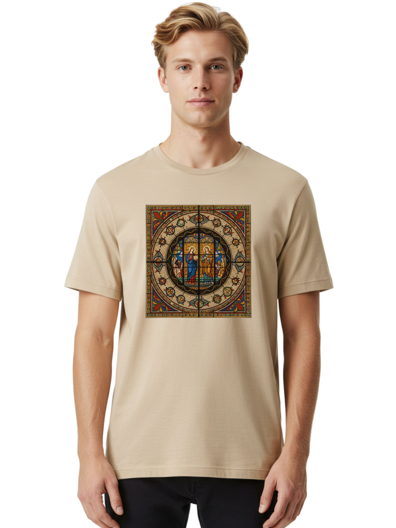 Visitation-Stained-Glass-Window Men'S Graphic Tee, 100% Cotton, Comfortable Casual Summer Wear, Machine Washable, Vintage Camera, Old Camera, Antique Camera, Black Camera, Classic Photography, Photography Equipment, Nostalgic Device, Bah349