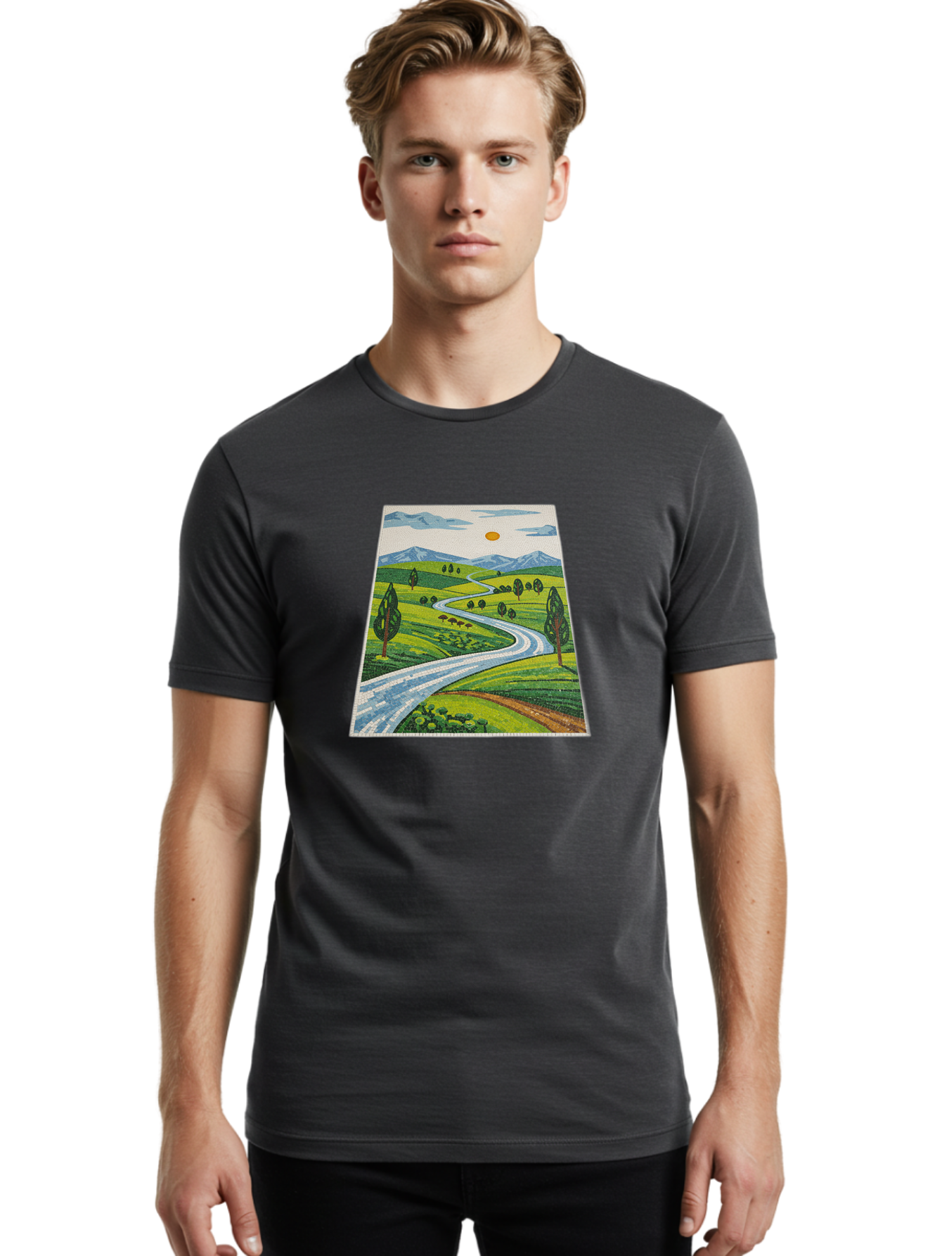 Winding-Road-Landscape Men'S Graphic Tee, 100% Cotton, Comfortable Casual Summer Wear, Machine Washable, Vintage Camera, Old Camera, Antique Camera, Black Camera, Classic Photography, Photography Equipment, Nostalgic Device, Film Camera, Bah384