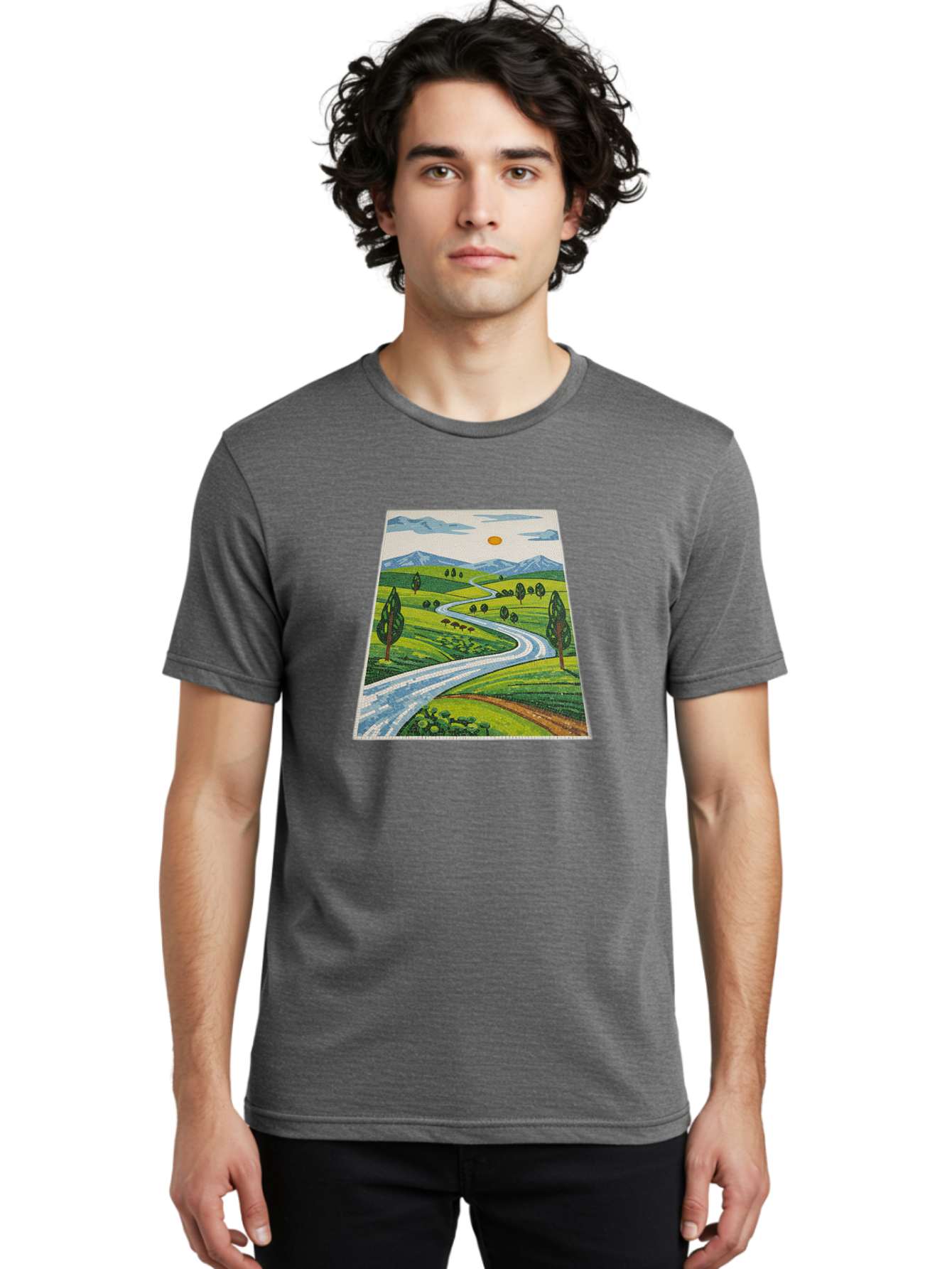 Winding-Road-Landscape Men'S Graphic Tee, 100% Cotton, Comfortable Casual Summer Wear, Machine Washable, Vintage Camera, Old Camera, Antique Camera, Black Camera, Classic Photography, Photography Equipment, Nostalgic Device, Film Camera, Bah384