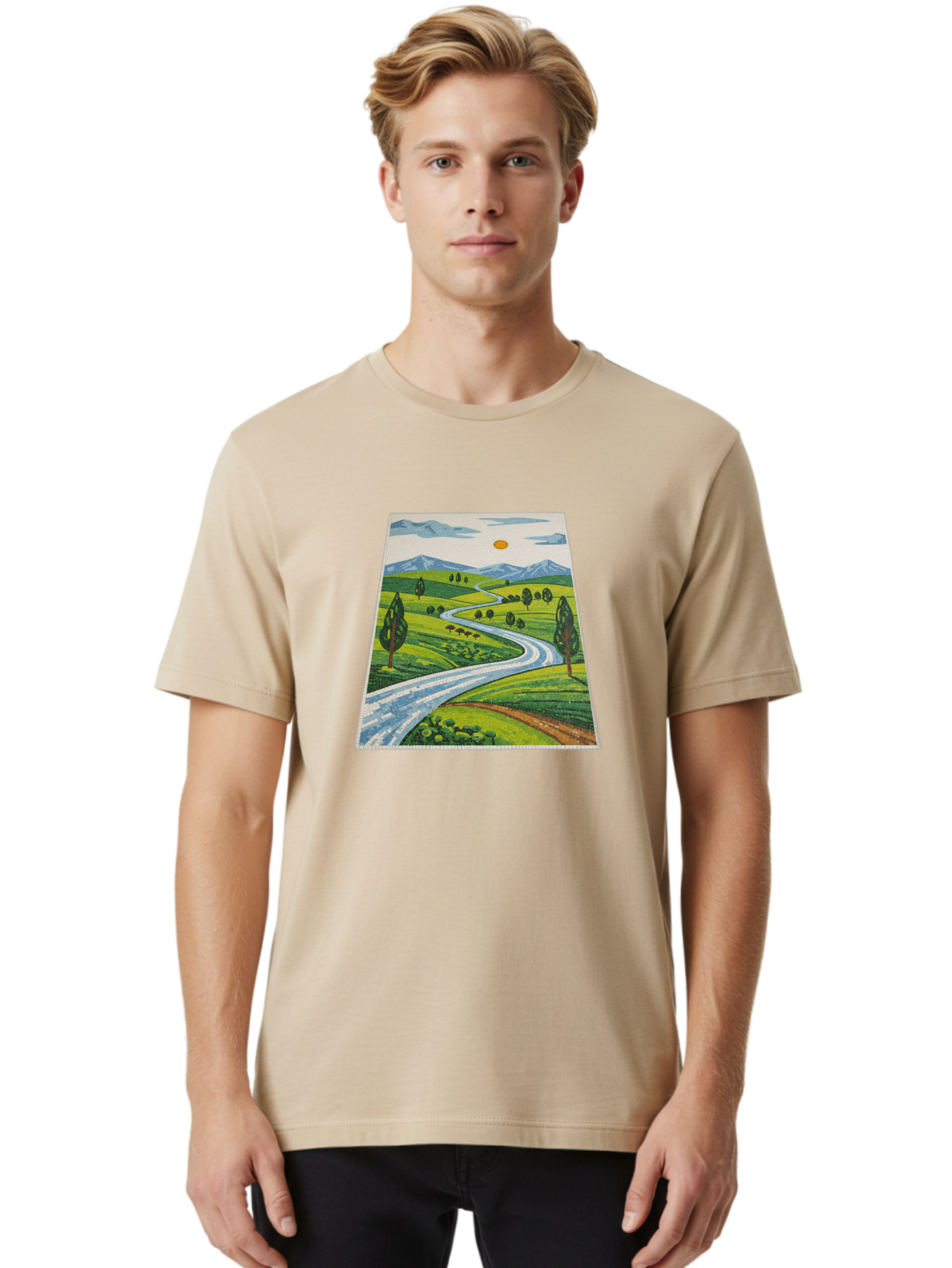 Winding-Road-Landscape Men'S Graphic Tee, 100% Cotton, Comfortable Casual Summer Wear, Machine Washable, Vintage Camera, Old Camera, Antique Camera, Black Camera, Classic Photography, Photography Equipment, Nostalgic Device, Film Camera, Bah384