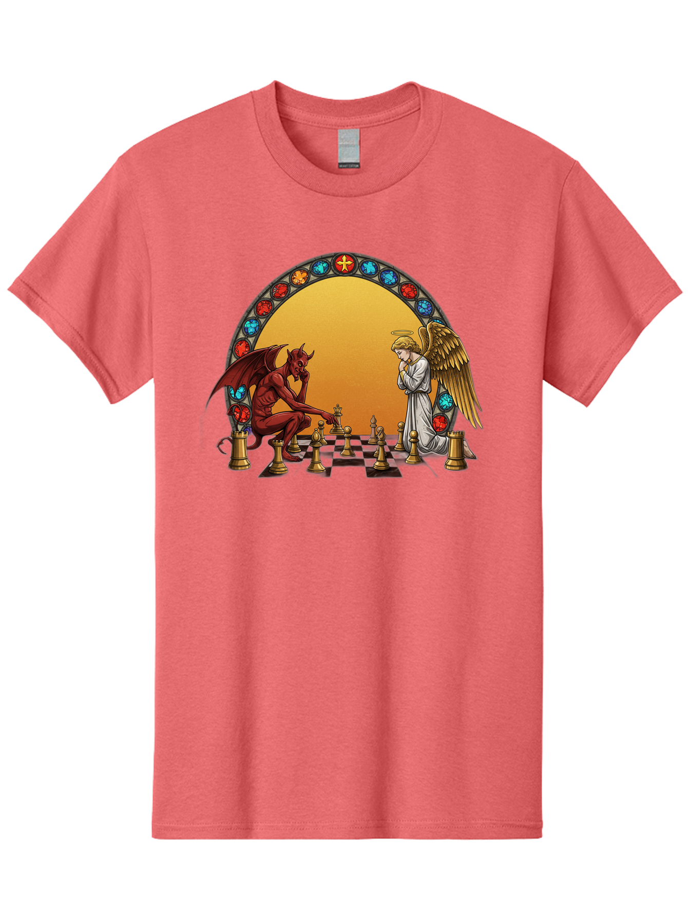 Angel-Vs-Devil-Chess-1 Men'S Graphic Tee, 100% Cotton, Comfortable Casual Summer Wear, Machine Washable, Vintage Camera, Old Camera, Antique Camera, Black Camera, Classic Photography, Photography Equipment, Nostalgic Device, Film Camera, Bah426