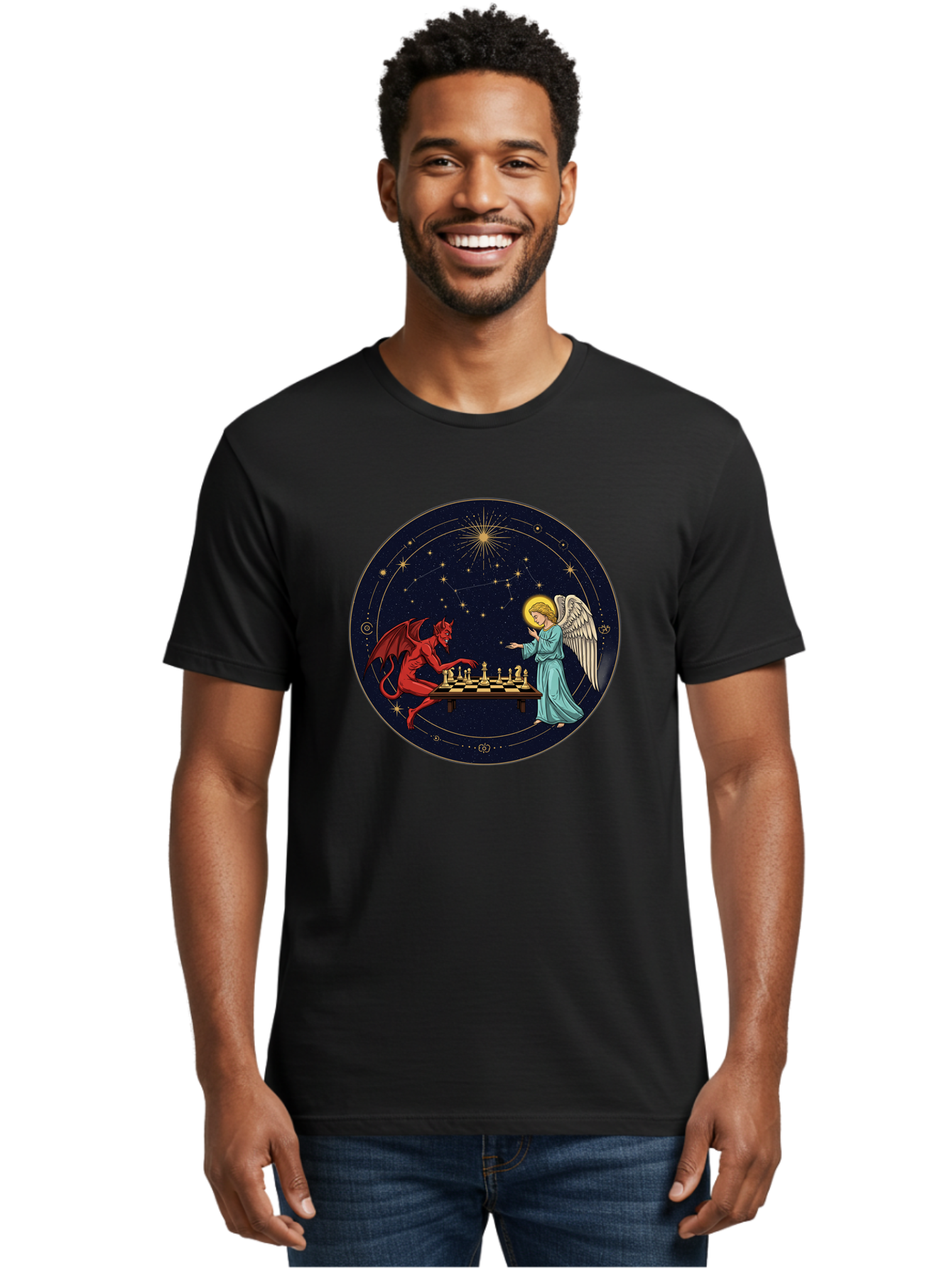 Angel-Vs-Devil-Chess Men'S Graphic Tee, 100% Cotton, Comfortable Casual Summer Wear, Machine Washable, Vintage Camera, Old Camera, Antique Camera, Black Camera, Classic Photography, Photography Equipment, Nostalgic Device, Film Camera, Bah429