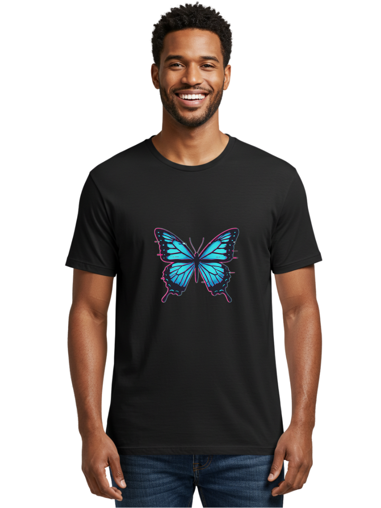 Blue-Butterfly-1 Men'S Graphic Tee, 100% Cotton, Comfortable Casual Summer Wear, Machine Washable, Vintage Camera, Old Camera, Antique Camera, Black Camera, Classic Photography, Photography Equipment, Nostalgic Device, Film Camera, Camera Art Bah596