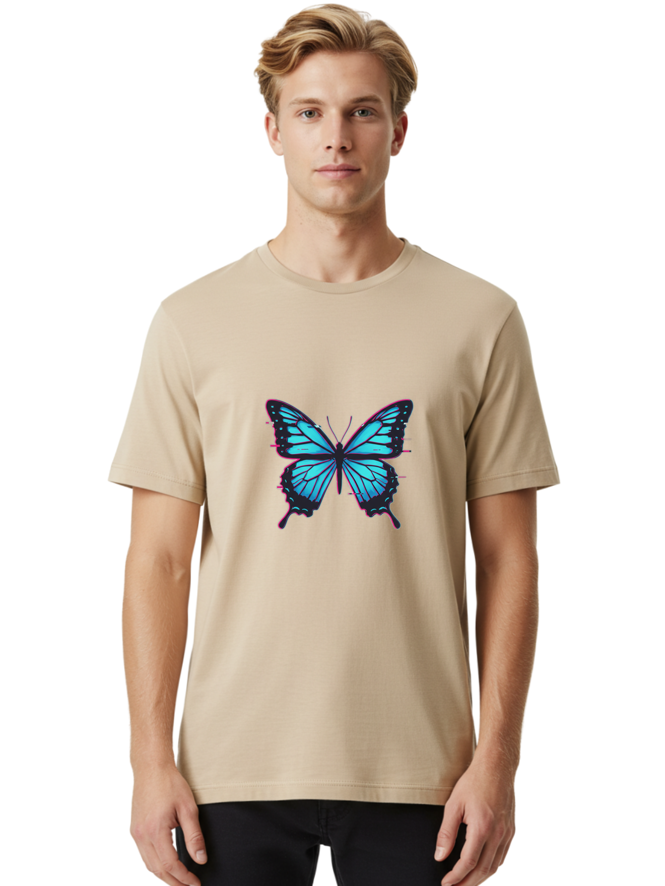 Blue-Butterfly-1 Men'S Graphic Tee, 100% Cotton, Comfortable Casual Summer Wear, Machine Washable, Vintage Camera, Old Camera, Antique Camera, Black Camera, Classic Photography, Photography Equipment, Nostalgic Device, Film Camera, Camera Art Bah596