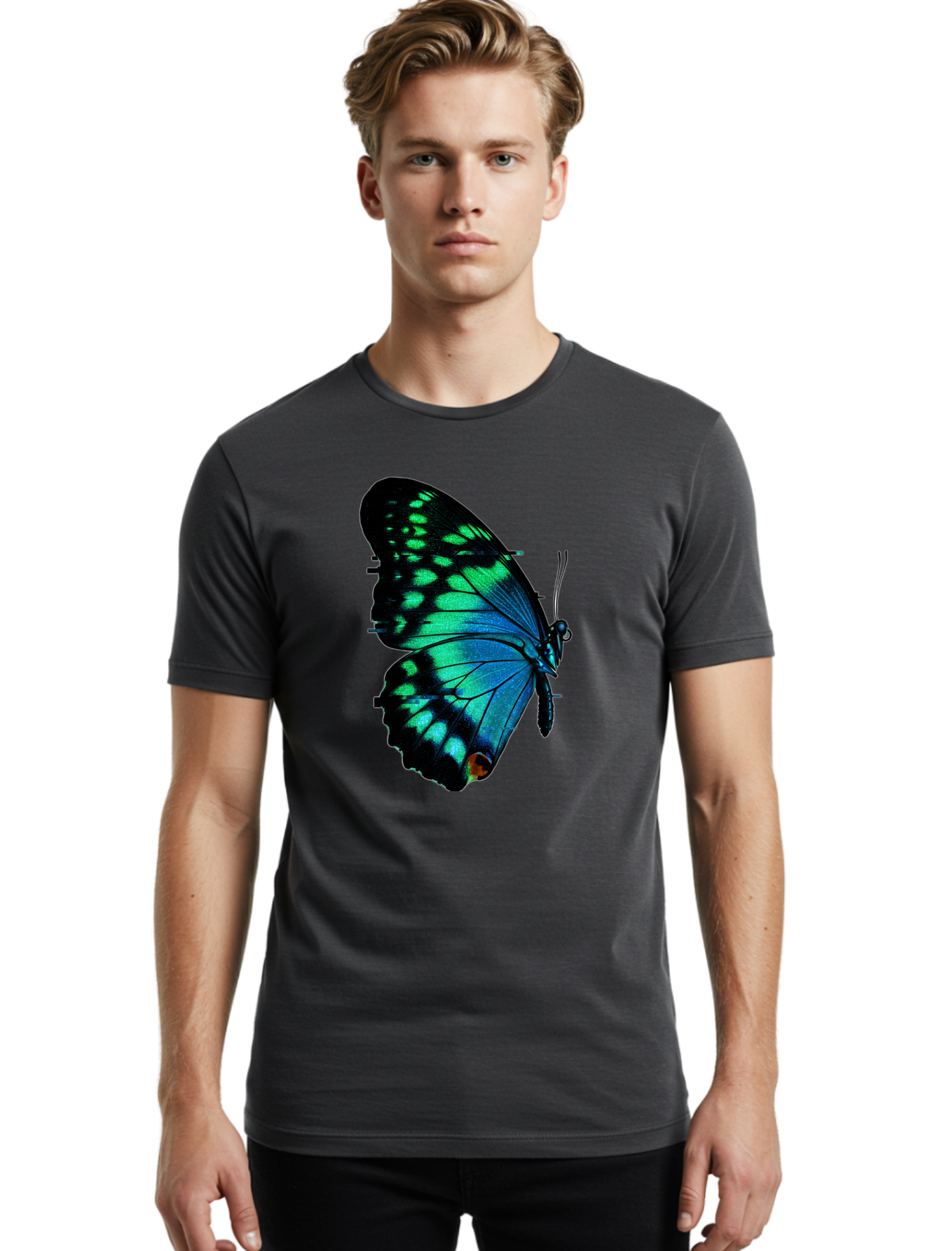 Blue-Butterfly-2 Men'S Graphic Tee, 100% Cotton, Comfortable Casual Summer Wear, Machine Washable, Vintage Camera, Old Camera, Antique Camera, Black Camera, Classic Photography, Photography Equipment, Nostalgic Device, Film Camera, Camera Art Bah597