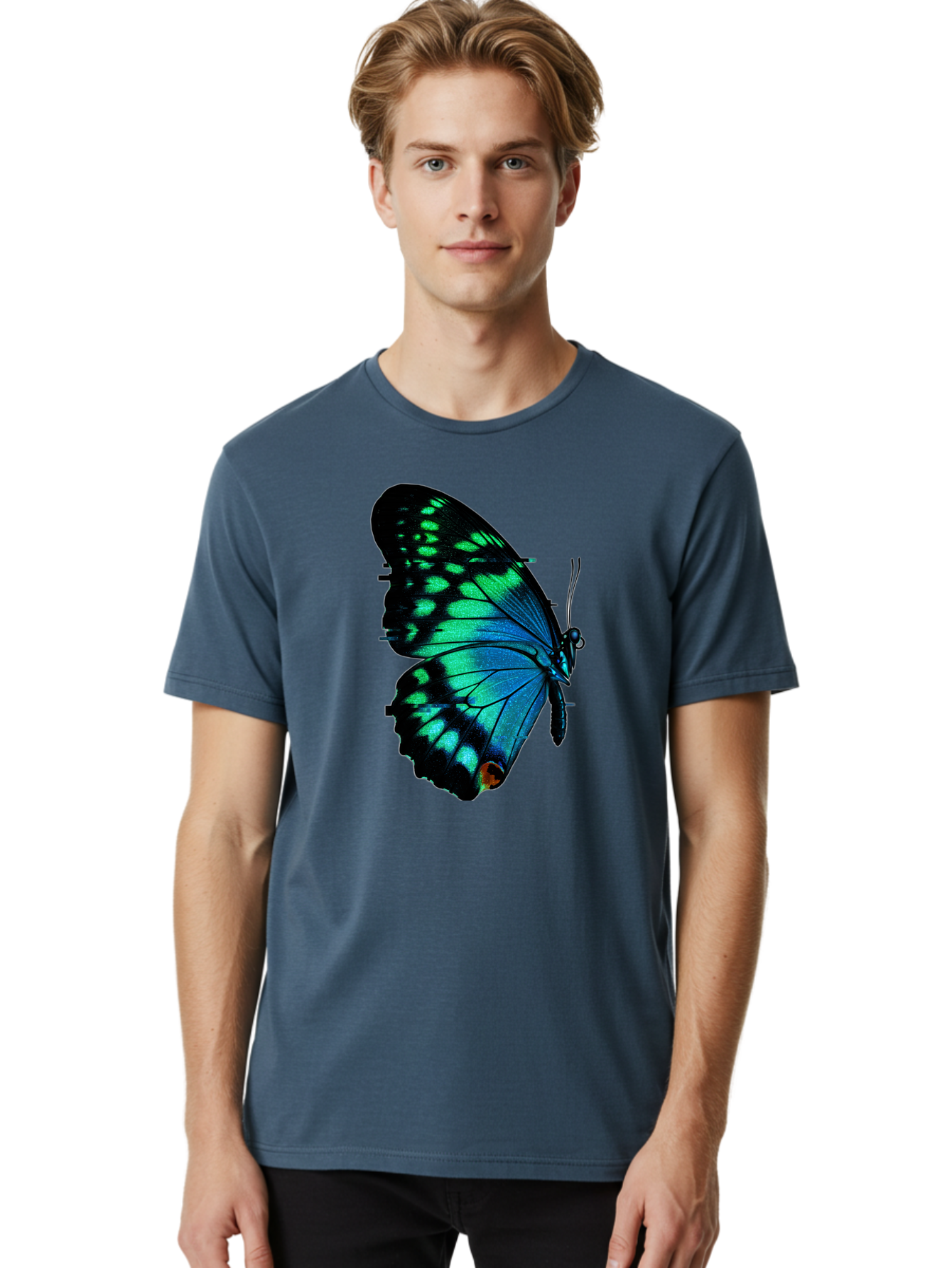 Blue-Butterfly-2 Men'S Graphic Tee, 100% Cotton, Comfortable Casual Summer Wear, Machine Washable, Vintage Camera, Old Camera, Antique Camera, Black Camera, Classic Photography, Photography Equipment, Nostalgic Device, Film Camera, Camera Art Bah597