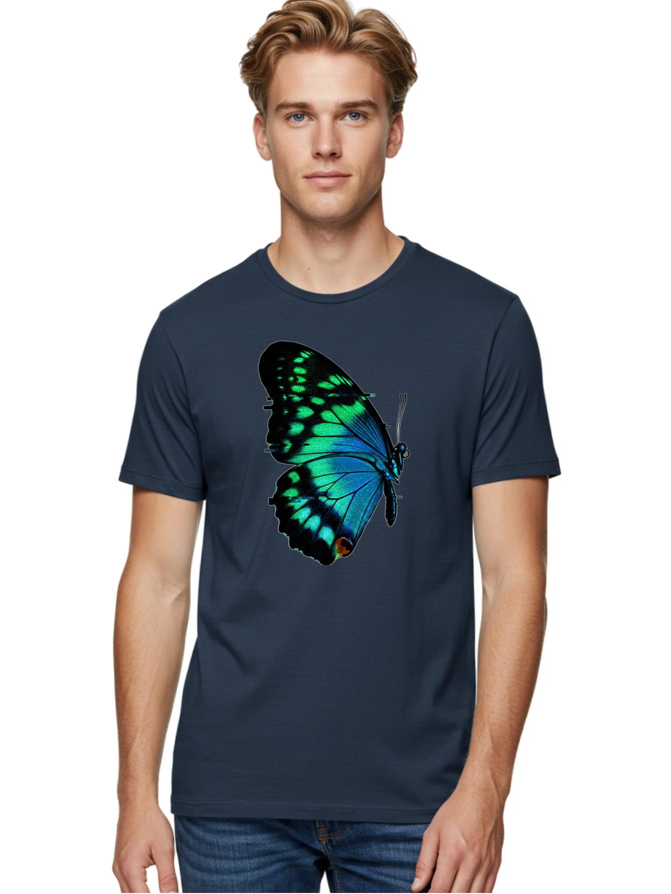 Blue-Butterfly-2 Men'S Graphic Tee, 100% Cotton, Comfortable Casual Summer Wear, Machine Washable, Vintage Camera, Old Camera, Antique Camera, Black Camera, Classic Photography, Photography Equipment, Nostalgic Device, Film Camera, Camera Art Bah597