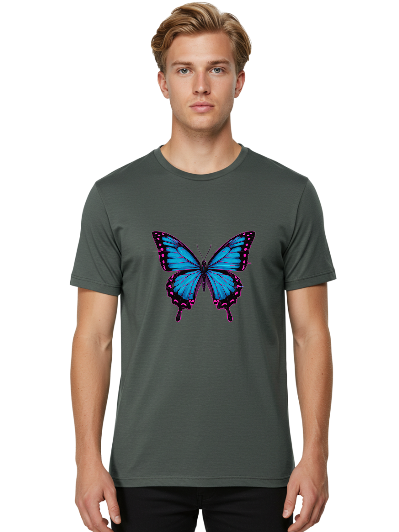 Blue-Butterfly Men'S Graphic Tee, 100% Cotton, Comfortable Casual Summer Wear, Machine Washable, Vintage Camera, Old Camera, Antique Camera, Black Camera, Classic Photography, Photography Equipment, Nostalgic Device, Film Camera, Camera Art Bah600