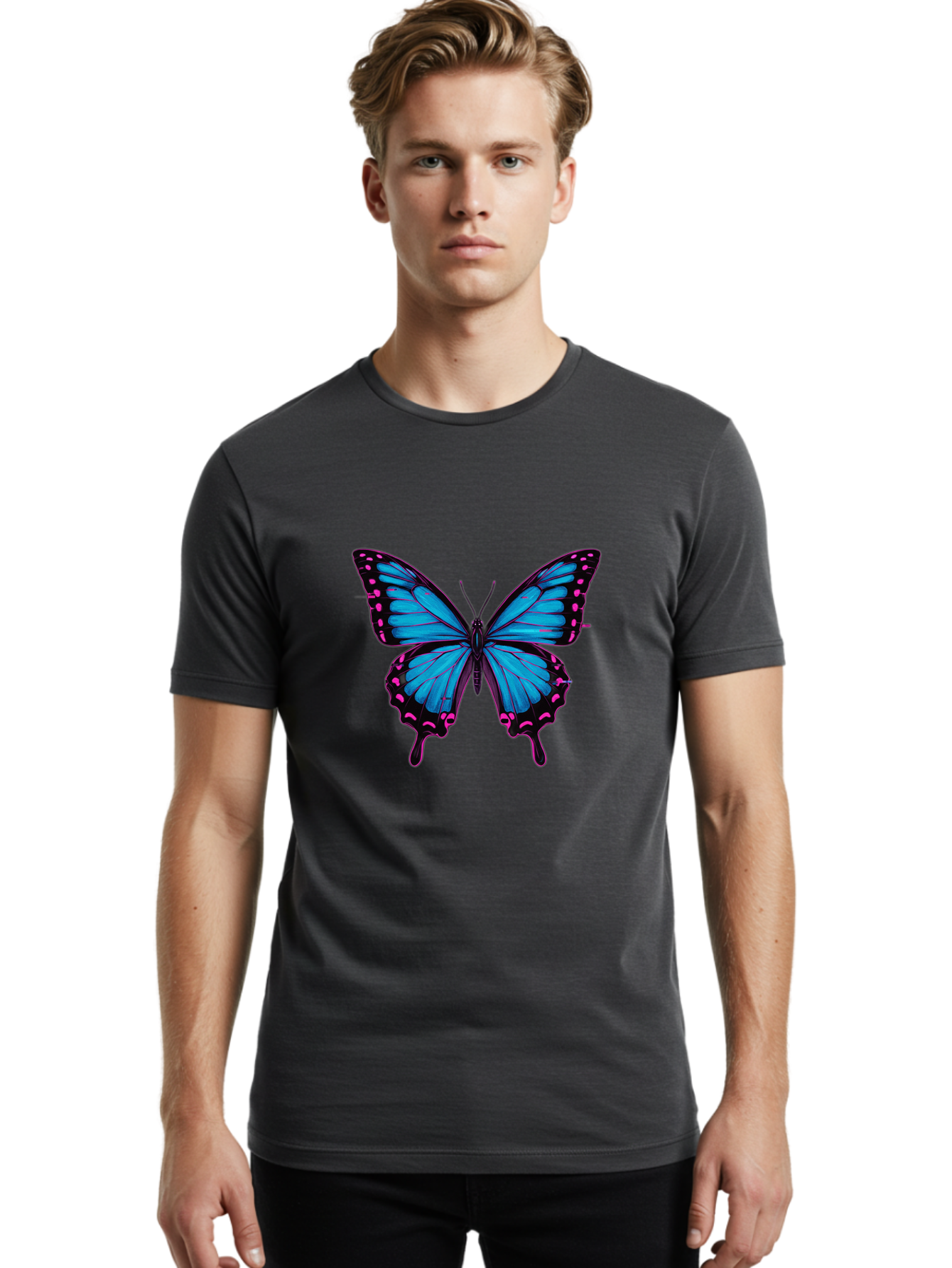 Blue-Butterfly Men'S Graphic Tee, 100% Cotton, Comfortable Casual Summer Wear, Machine Washable, Vintage Camera, Old Camera, Antique Camera, Black Camera, Classic Photography, Photography Equipment, Nostalgic Device, Film Camera, Camera Art Bah600