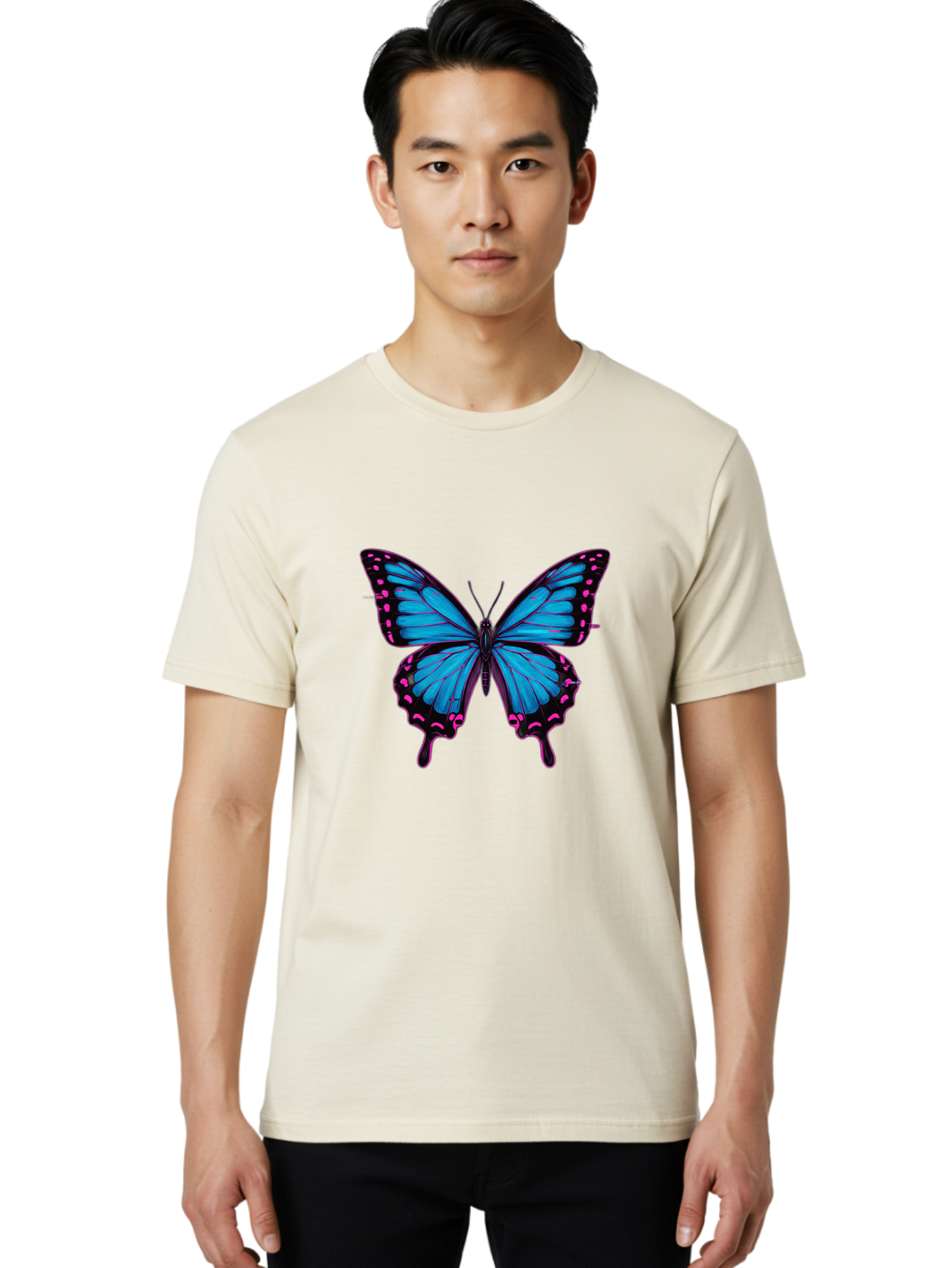 Blue-Butterfly Men'S Graphic Tee, 100% Cotton, Comfortable Casual Summer Wear, Machine Washable, Vintage Camera, Old Camera, Antique Camera, Black Camera, Classic Photography, Photography Equipment, Nostalgic Device, Film Camera, Camera Art Bah600