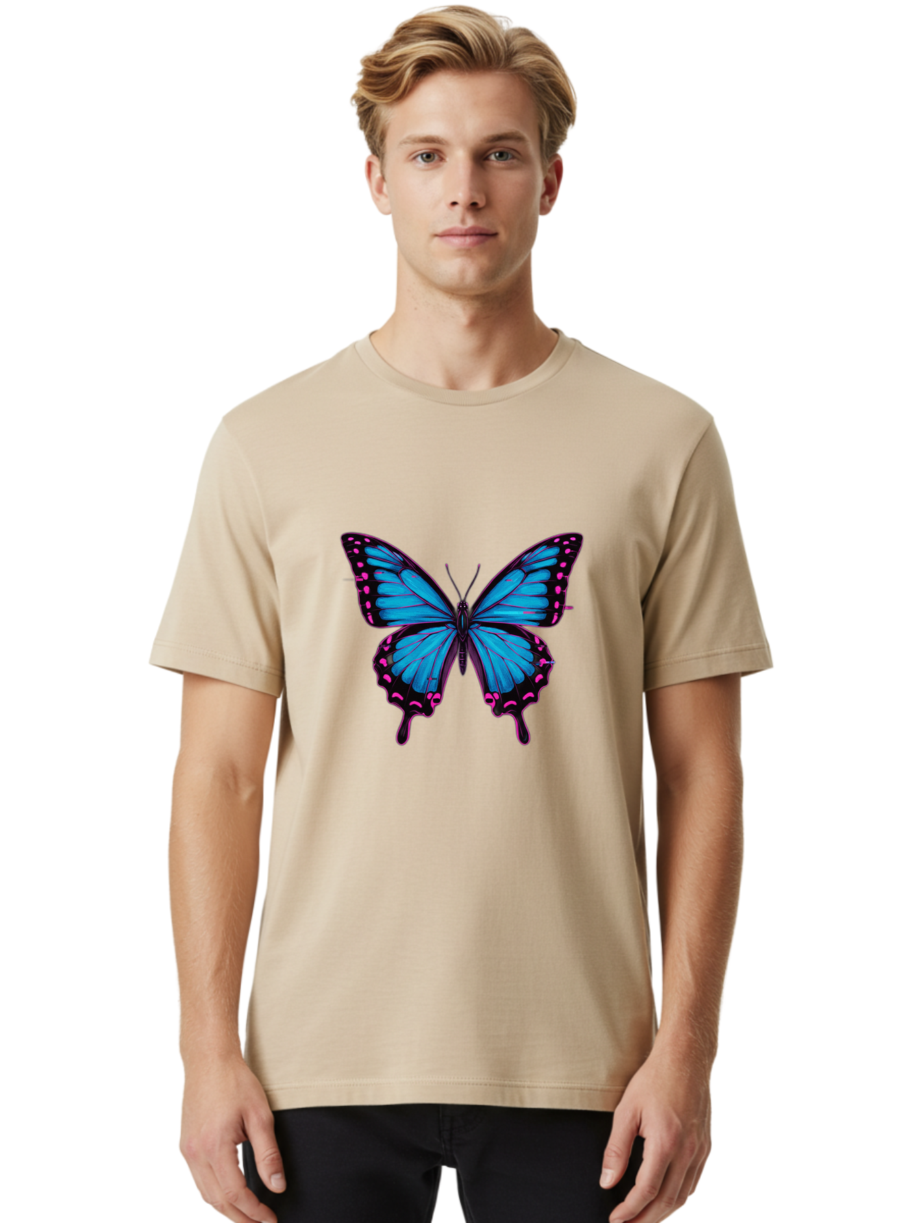 Blue-Butterfly Men'S Graphic Tee, 100% Cotton, Comfortable Casual Summer Wear, Machine Washable, Vintage Camera, Old Camera, Antique Camera, Black Camera, Classic Photography, Photography Equipment, Nostalgic Device, Film Camera, Camera Art Bah600