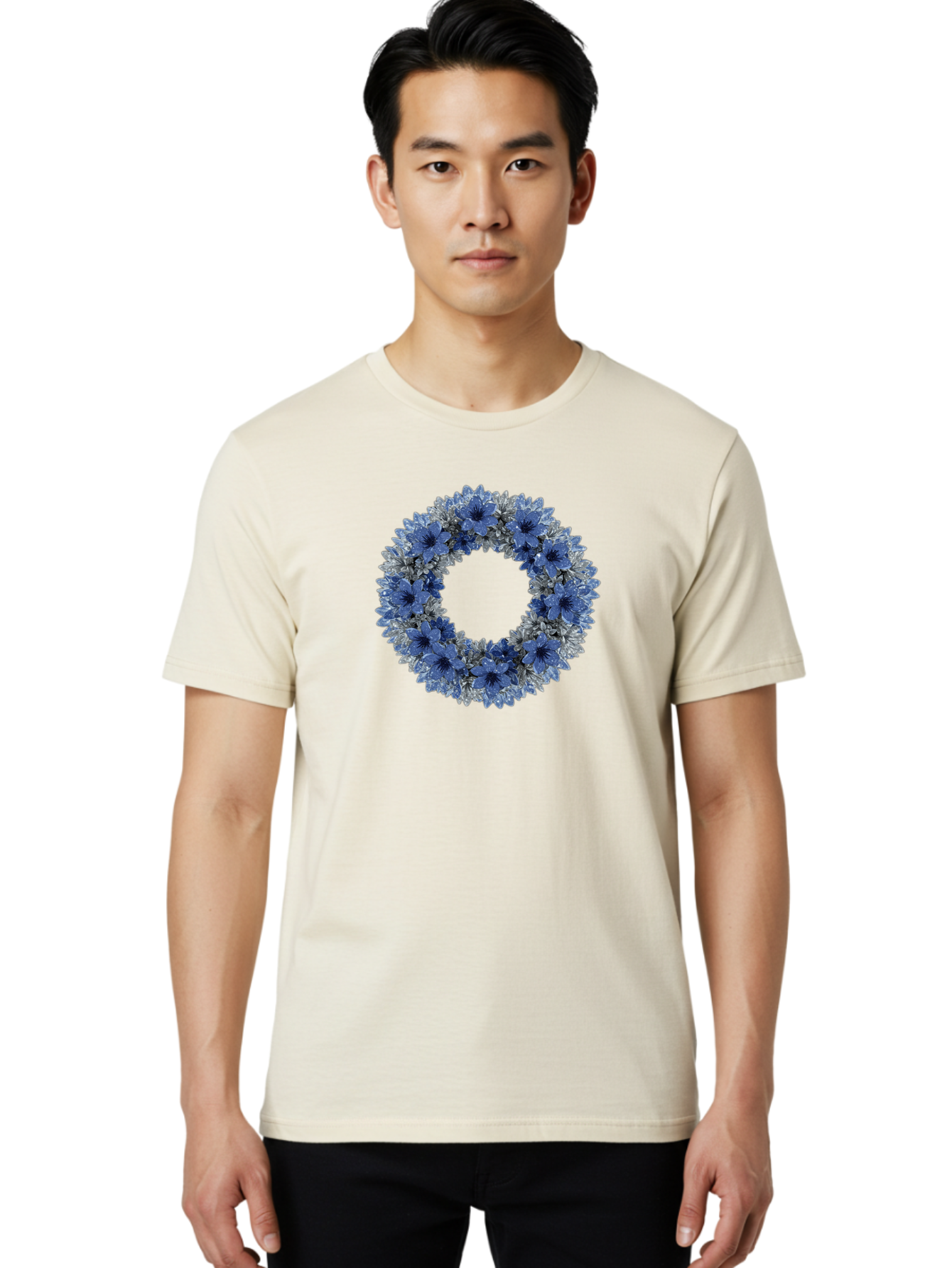 Blue-Flower-Wreath Men'S Graphic Tee, 100% Cotton, Comfortable Casual Summer Wear, Machine Washable, Vintage Camera, Old Camera, Antique Camera, Black Camera, Classic Photography, Photography Equipment, Nostalgic Device, Film Camera, Bah601
