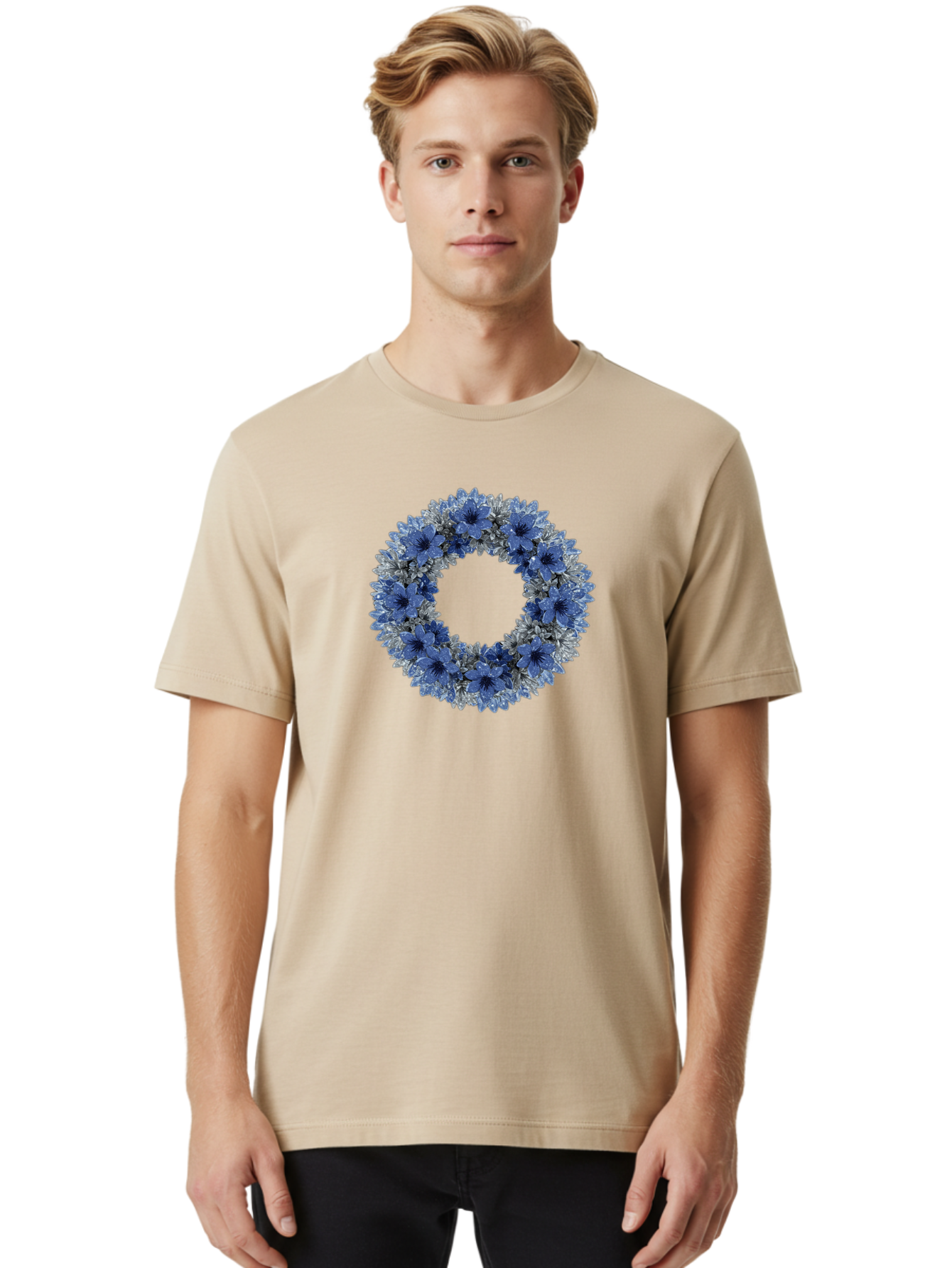 Blue-Flower-Wreath Men'S Graphic Tee, 100% Cotton, Comfortable Casual Summer Wear, Machine Washable, Vintage Camera, Old Camera, Antique Camera, Black Camera, Classic Photography, Photography Equipment, Nostalgic Device, Film Camera, Bah601