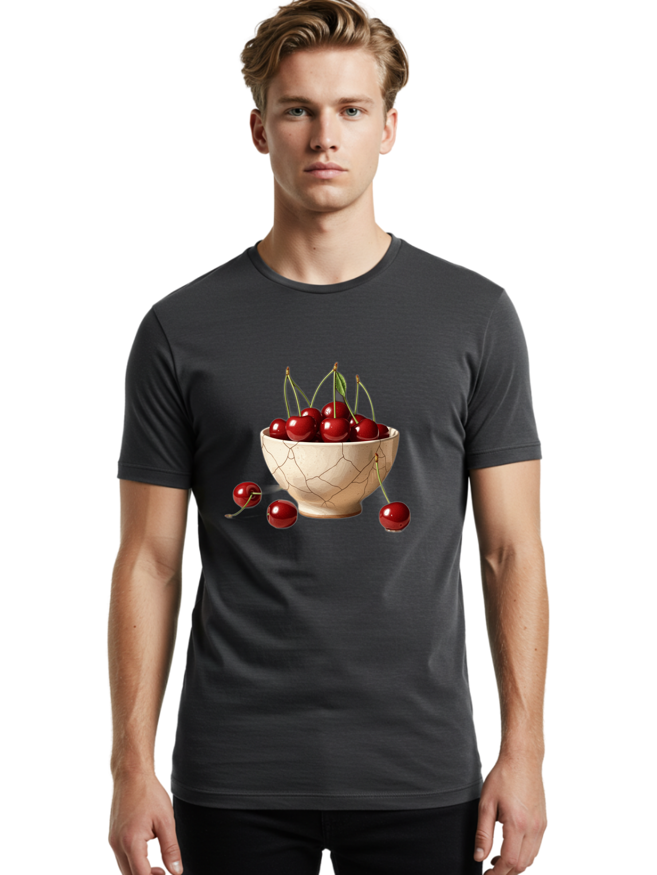 Cherries-In-Kintsugi-Bowl-1 Men'S Graphic Tee, 100% Cotton, Comfortable Casual Summer Wear, Machine Washable, Vintage Camera, Old Camera, Antique Camera, Black Camera, Classic Photography, Photography Equipment, Nostalgic Device, Film Camera, Bah739