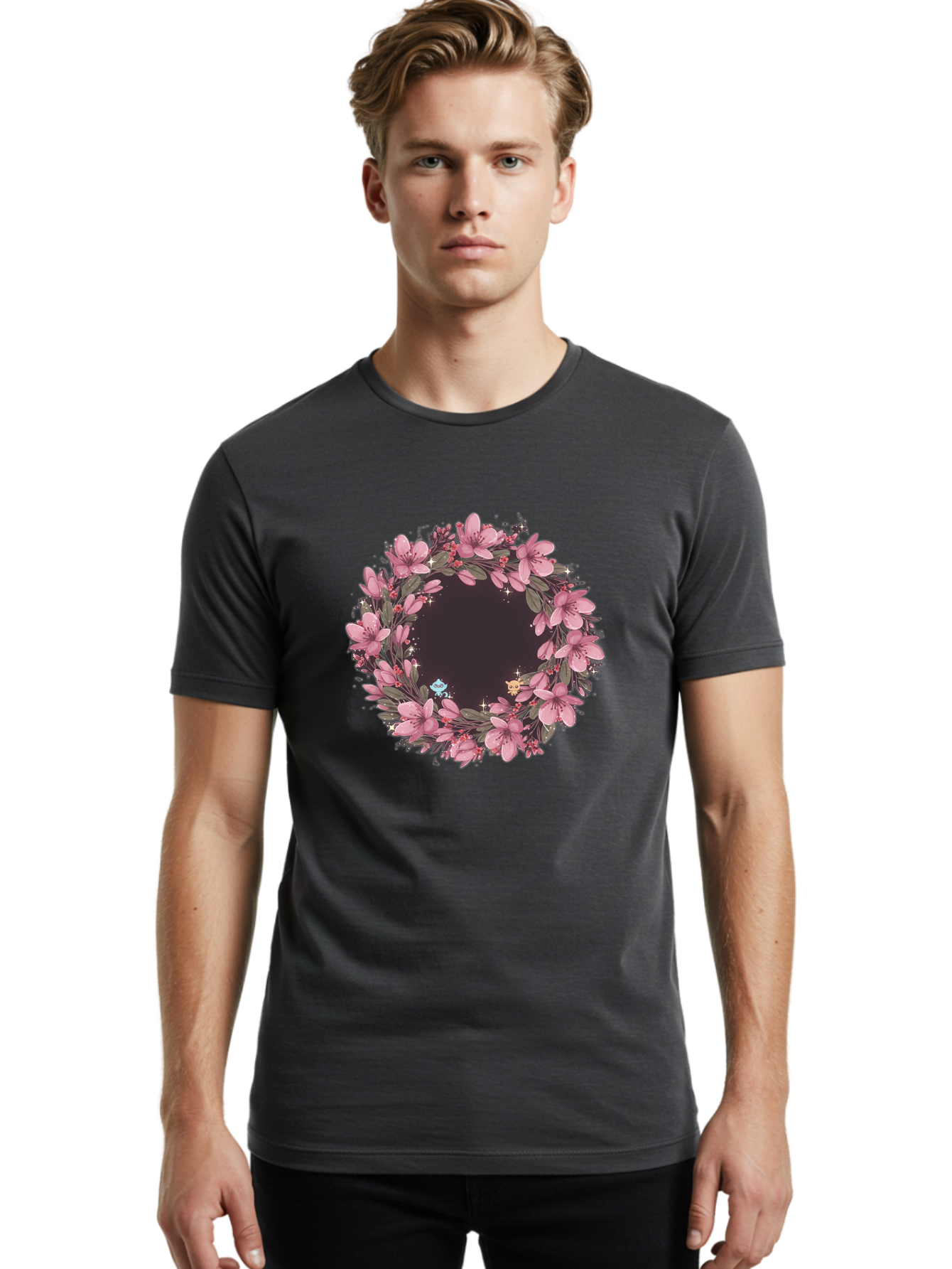 Cherry-Blossom-Wreath Men'S Graphic Tee, 100% Cotton, Comfortable Casual Summer Wear, Machine Washable, Vintage Camera, Old Camera, Antique Camera, Black Camera, Classic Photography, Photography Equipment, Nostalgic Device, Film Camera, Bah743