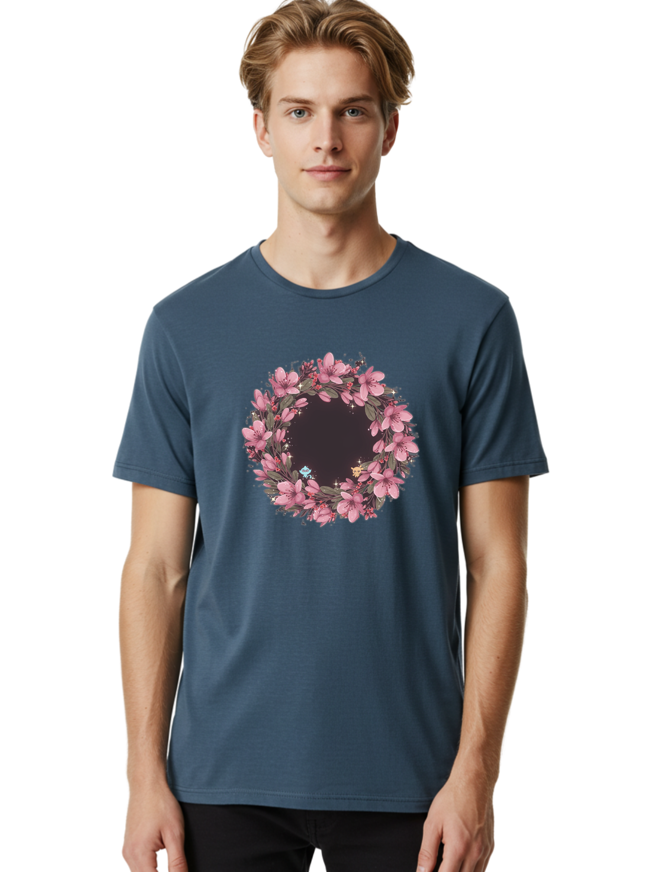Cherry-Blossom-Wreath Men'S Graphic Tee, 100% Cotton, Comfortable Casual Summer Wear, Machine Washable, Vintage Camera, Old Camera, Antique Camera, Black Camera, Classic Photography, Photography Equipment, Nostalgic Device, Film Camera, Bah743